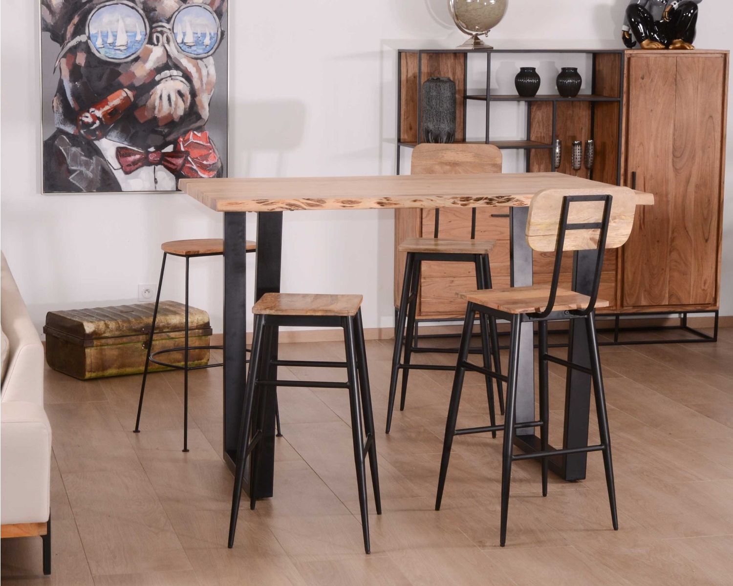 Lot de 2 chaises de bar avec dossier métal et bois "Atelier Kraft"