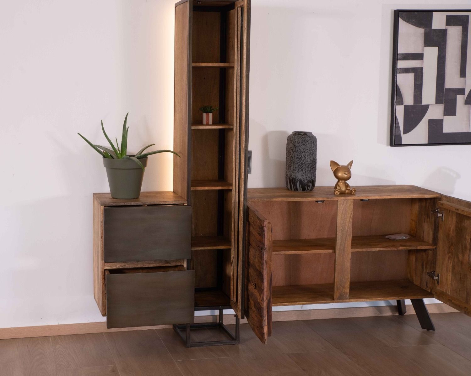 Vitrine buffet design "Mezzo" 3 portes 2 tiroirs bois métal et ciment