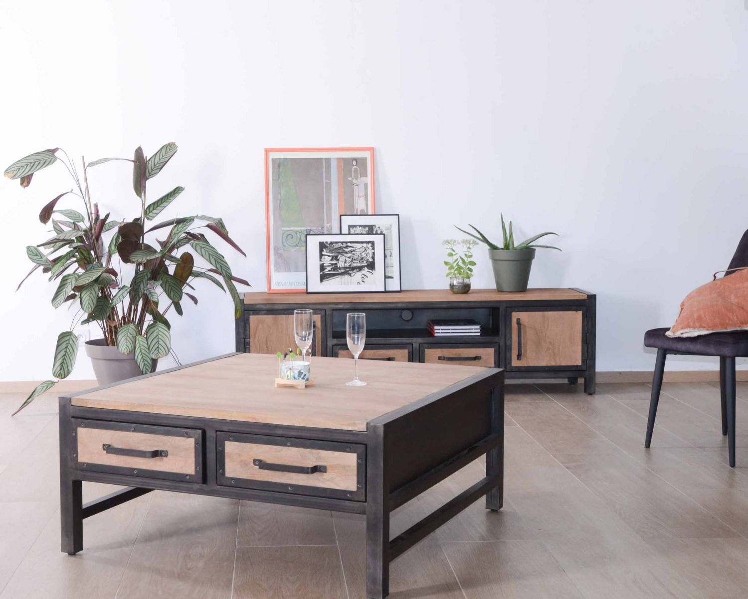 Meuble tv métal industriel et bois de manguier massif "Saturne" 180cm