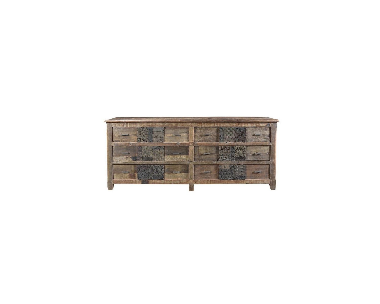 Commode basse apothicaire 195cm "Népalaise" en bois recyclé 6 tiroirs