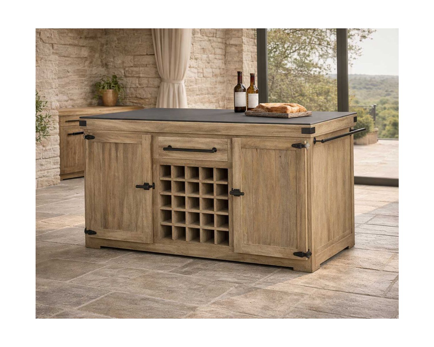 Grand billot de cuisine bois massif plateau pierre "Grand Chef" 165 cm