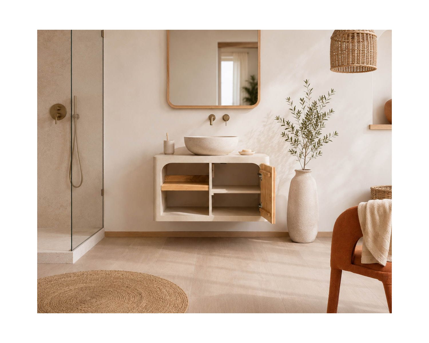 Meuble sous vasque 90 cm à suspendre "Miona" design organique aspect béton sablé