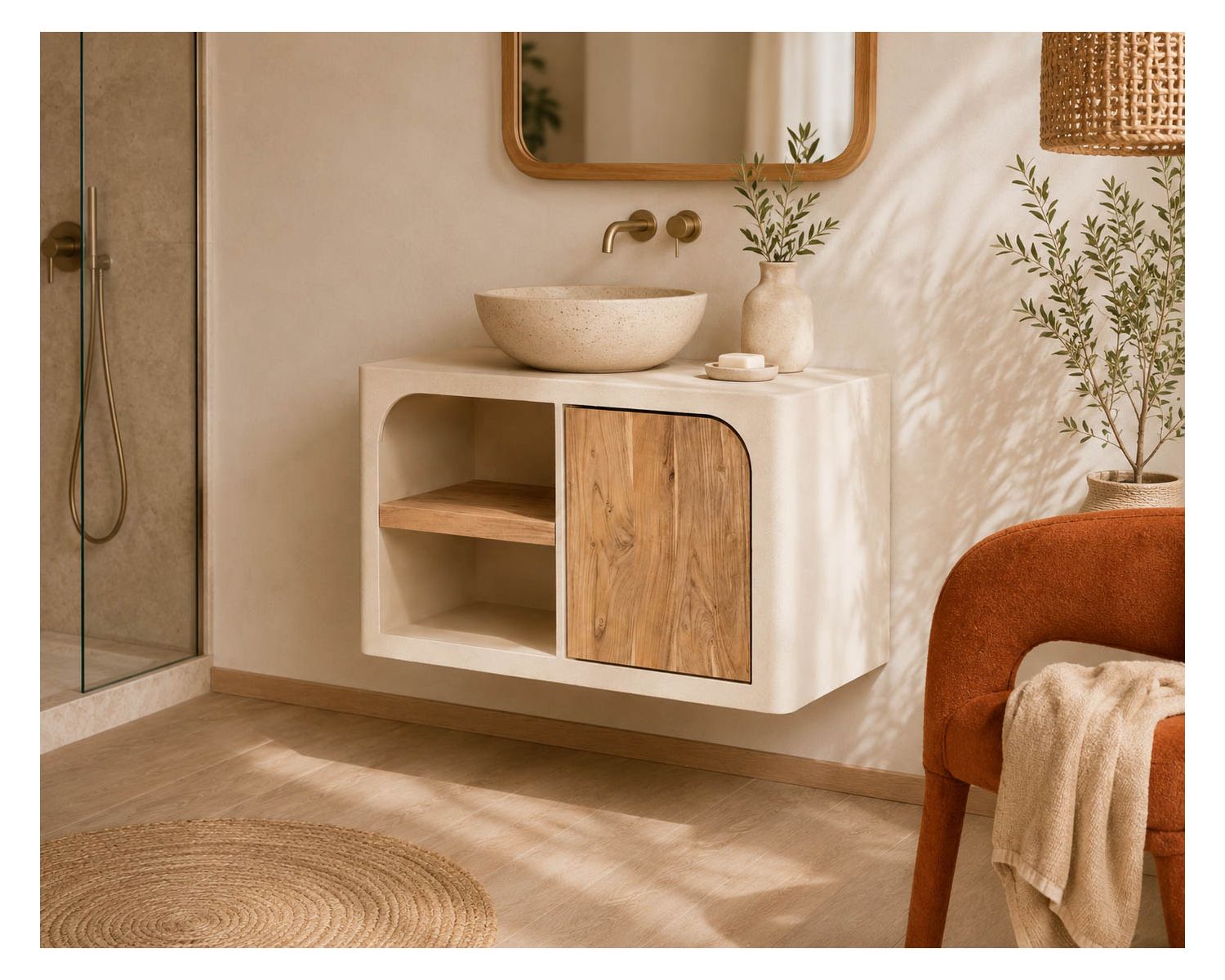 Meuble sous vasque 90 cm à suspendre "Miona" design organique aspect béton sablé
