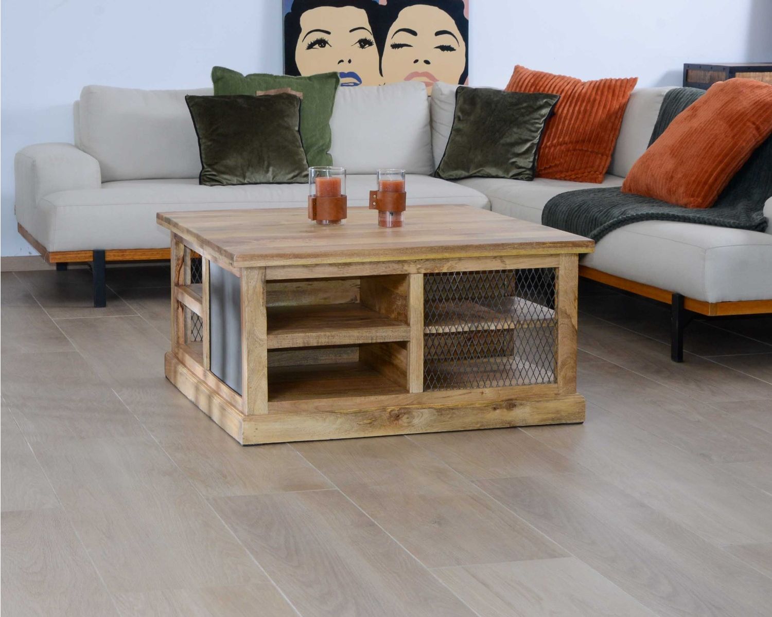 Table basse carrée avec rangements en métal et bois "Caractère"