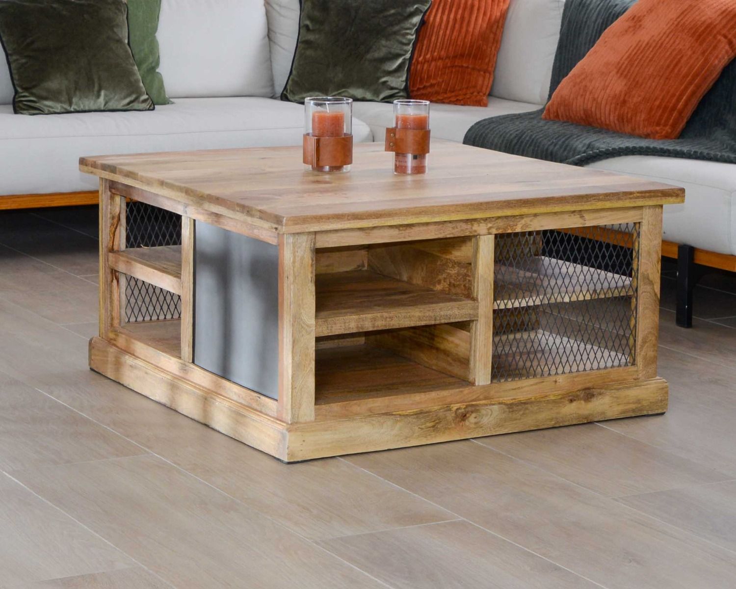 Table basse carrée avec rangements en métal et bois "Caractère"
