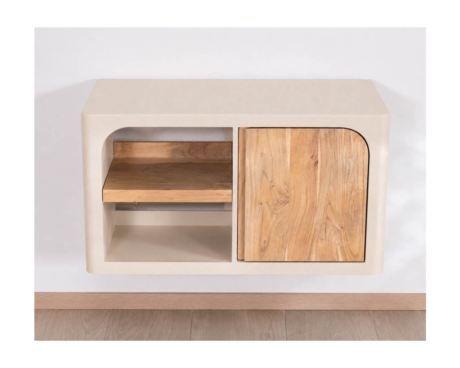 Meuble sous vasque 90 cm à suspendre "Miona" design organique aspect béton sablé