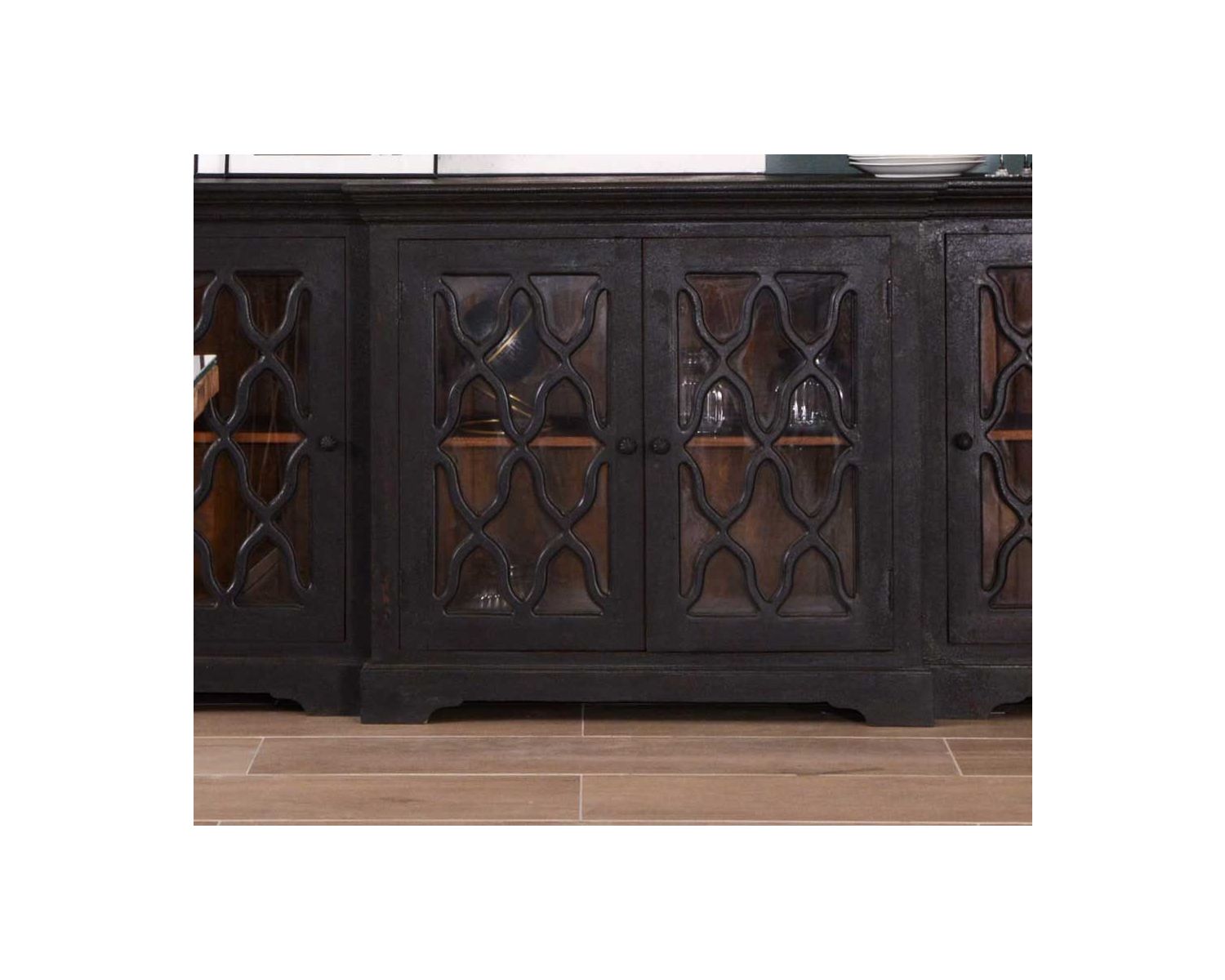 Bahut comptoir avec portes vitrées "Batti" en bois massif style rétro