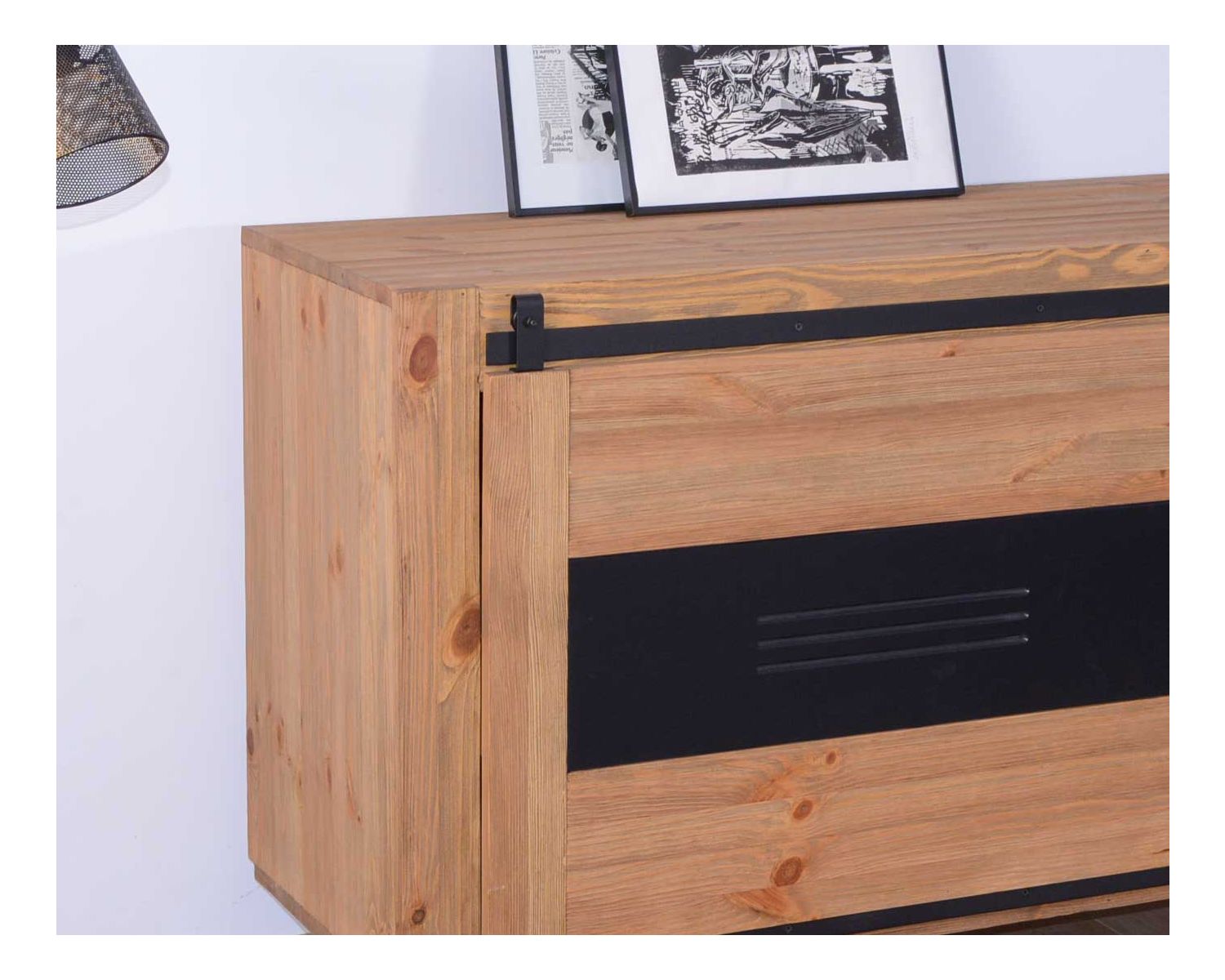 Grand buffet industriel pin brossé massif noir et bois "Cardiff"