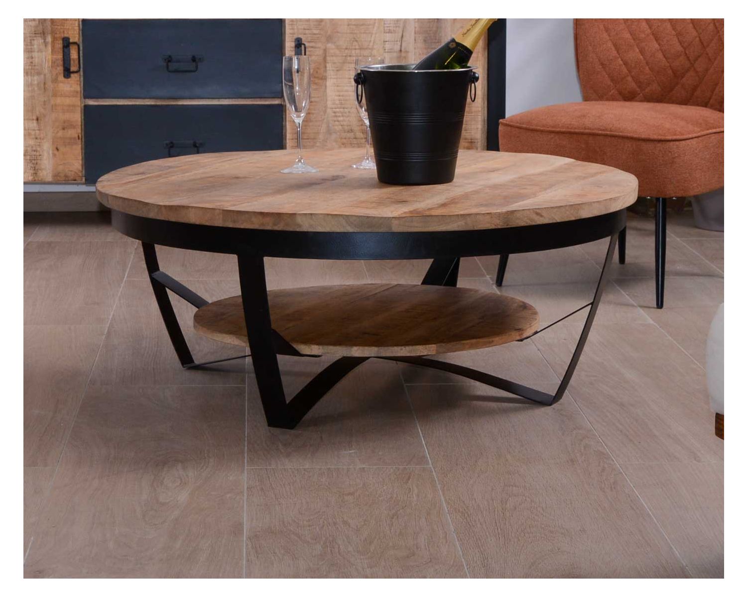 Table basse ronde en manguier massif et métal "Andy" diam. 90cm