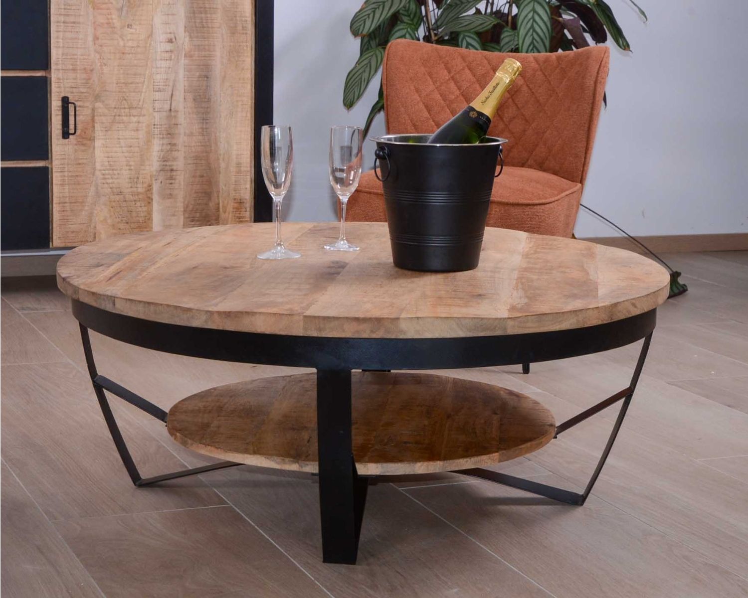 Table basse ronde en manguier massif et métal "Andy" diam. 90cm