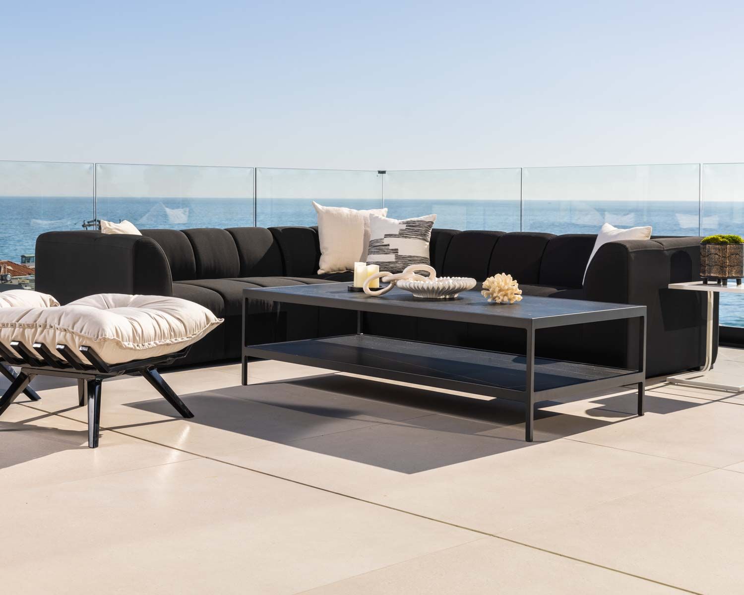 Canapé d'angle spécial extérieur tissu gris foncé haut de gamme "Terrasse"