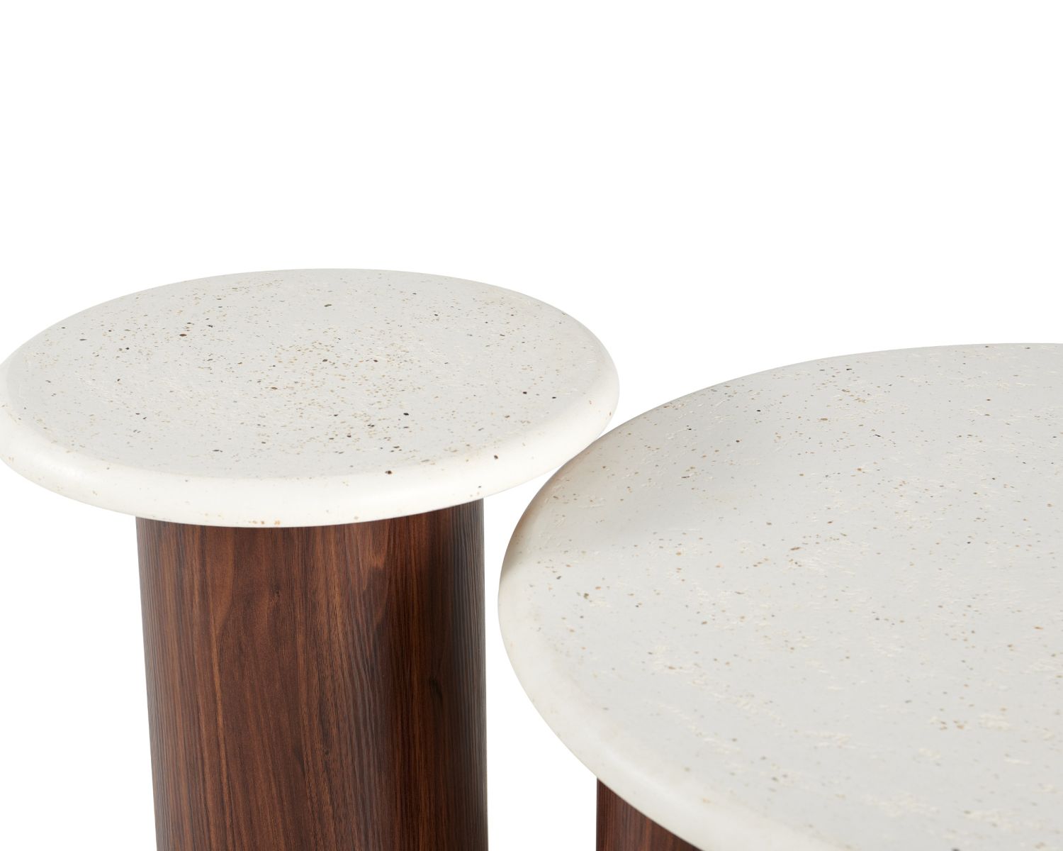 Duo de tables basses rondes aspect pierre "Galatée" piètements effet noyer