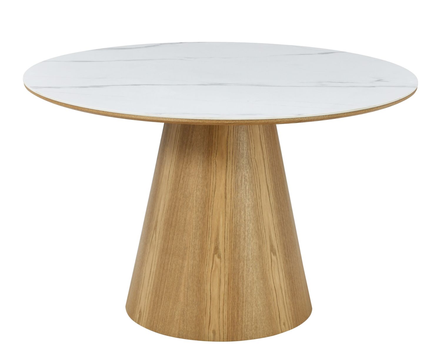 Table ronde 120 cm plateau céramique blanc effet marbre "Oria" piètement aspect chêne