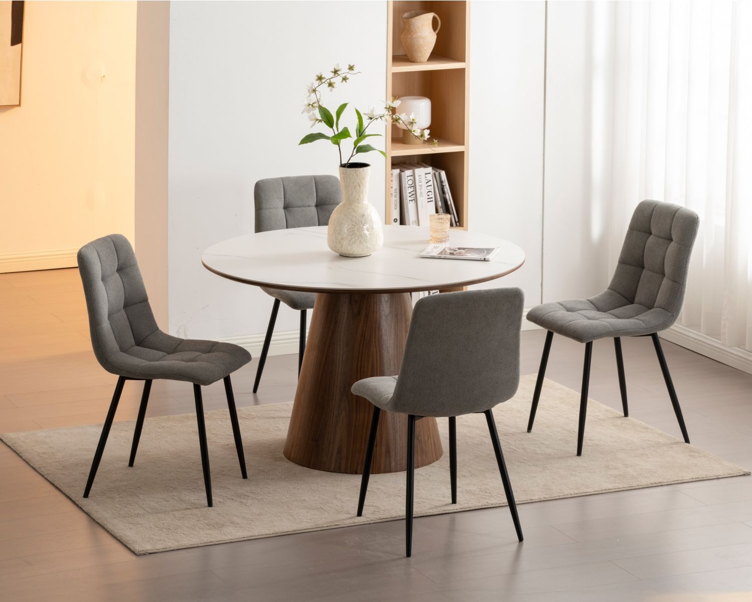 Table de repas ronde 120 cm plateau céramique blanc effet marbre "Oria" piètement aspect noyer