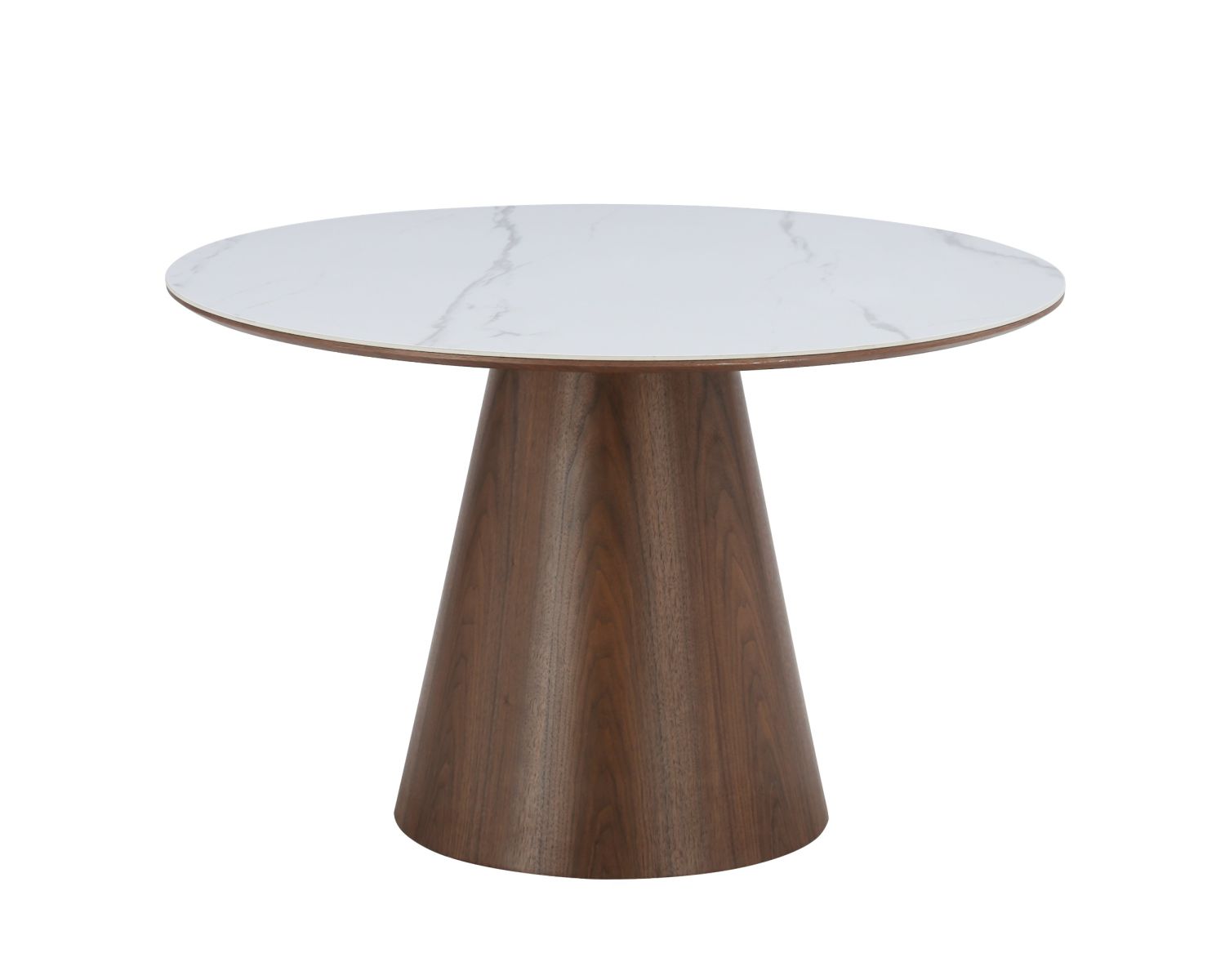 Table de repas ronde 120 cm plateau céramique blanc effet marbre "Oria" piètement aspect noyer