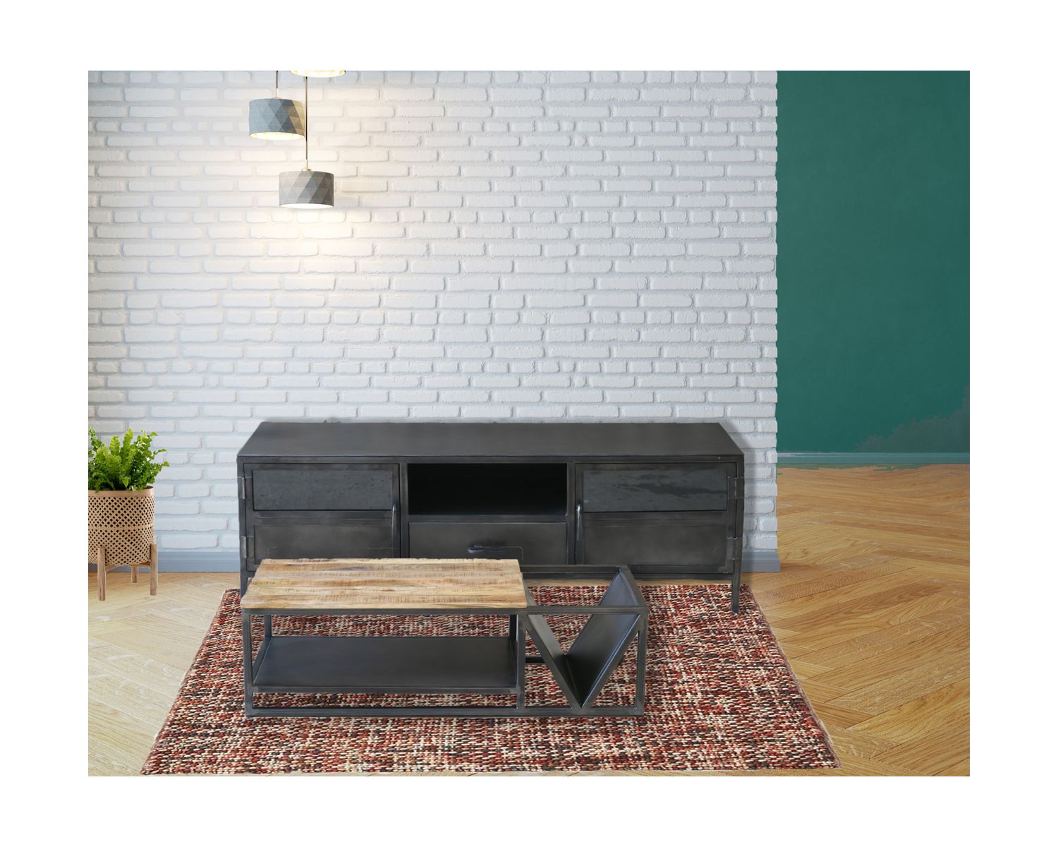 Table basse design industriel en métal et bois massif "Caractère"