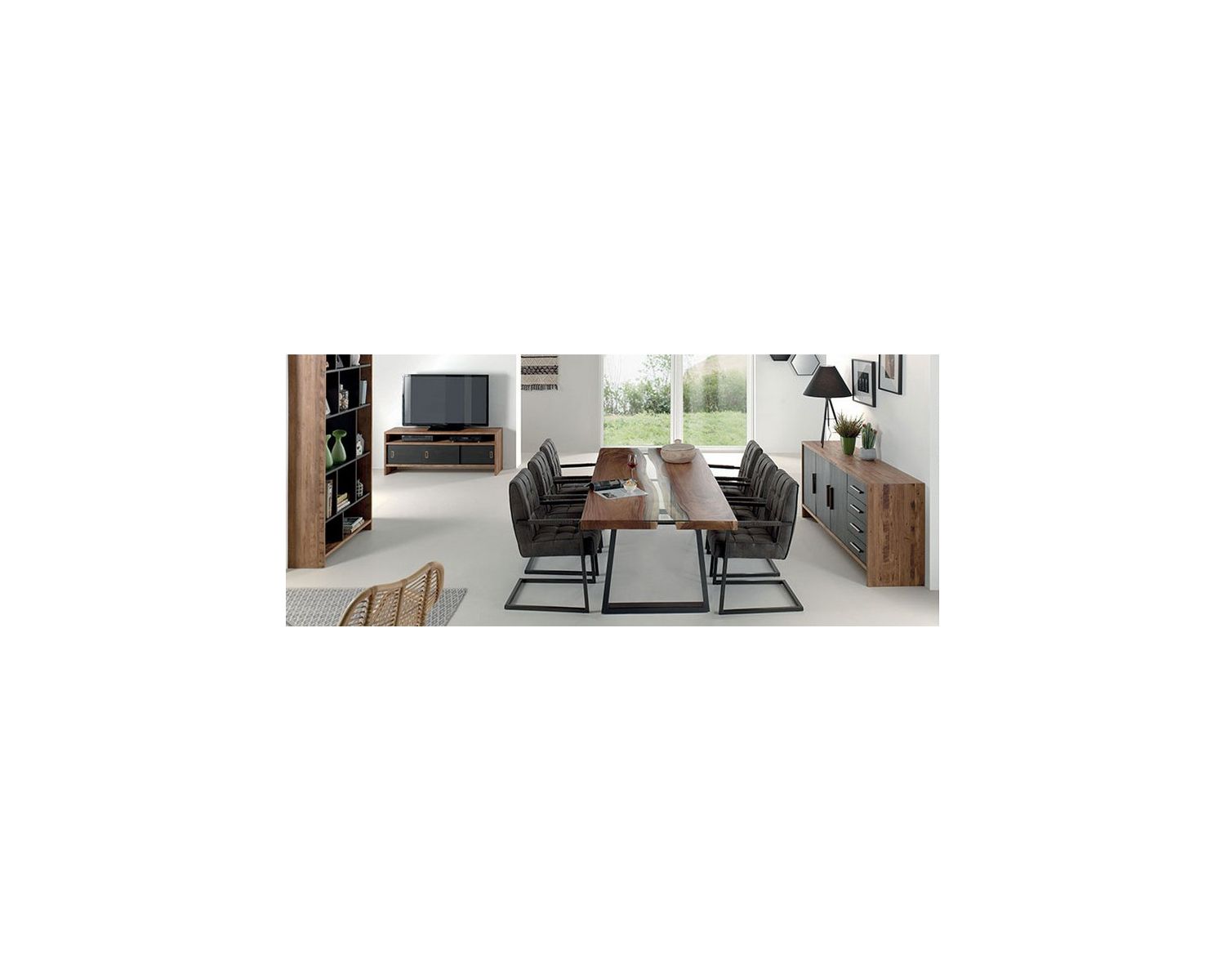 Grande table de repas contemporaine en verre, métal et bois "Zenia"