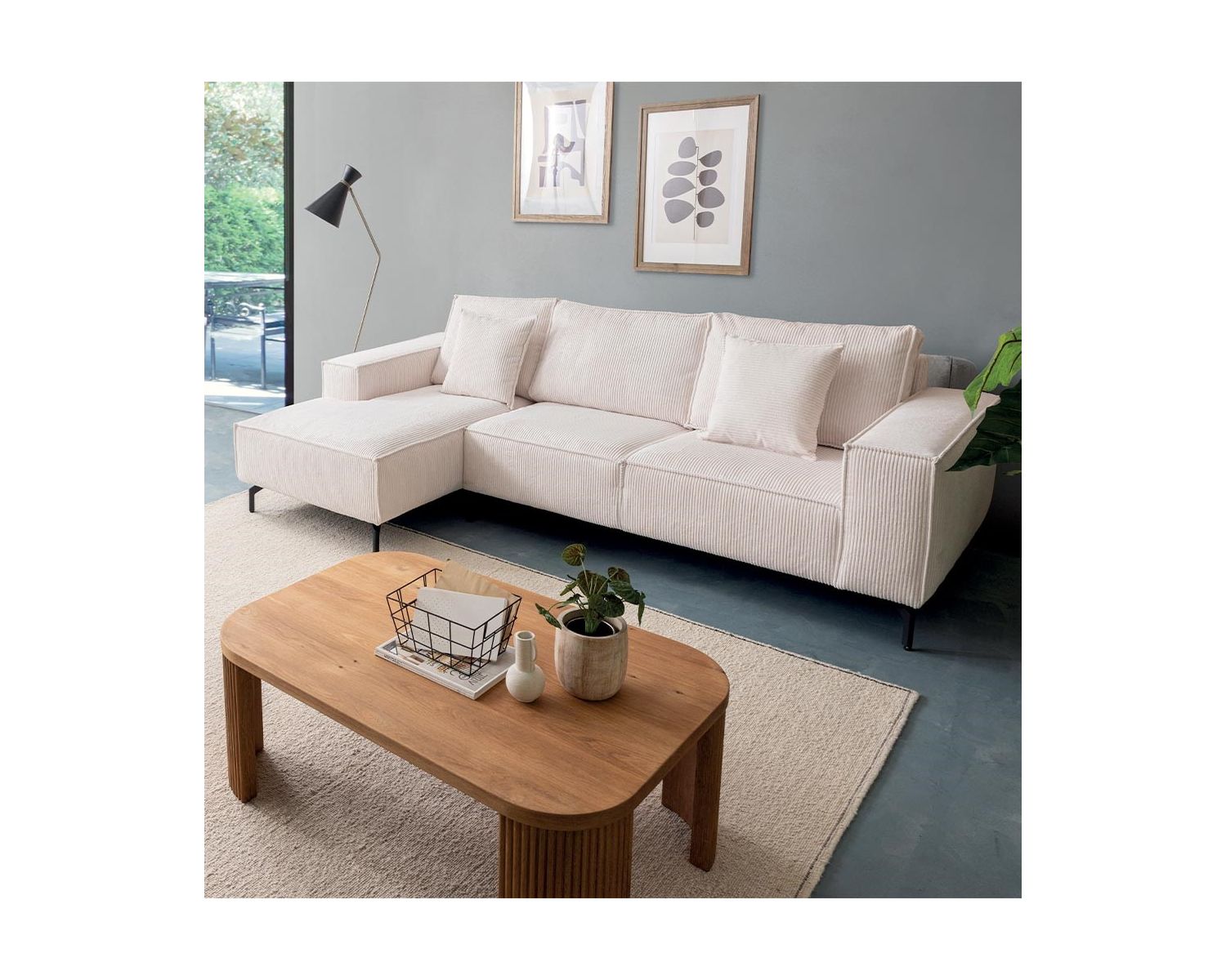 Canapé d'angle en velours côtelé avec méridienne "Pueblo" sens et coloris au choix