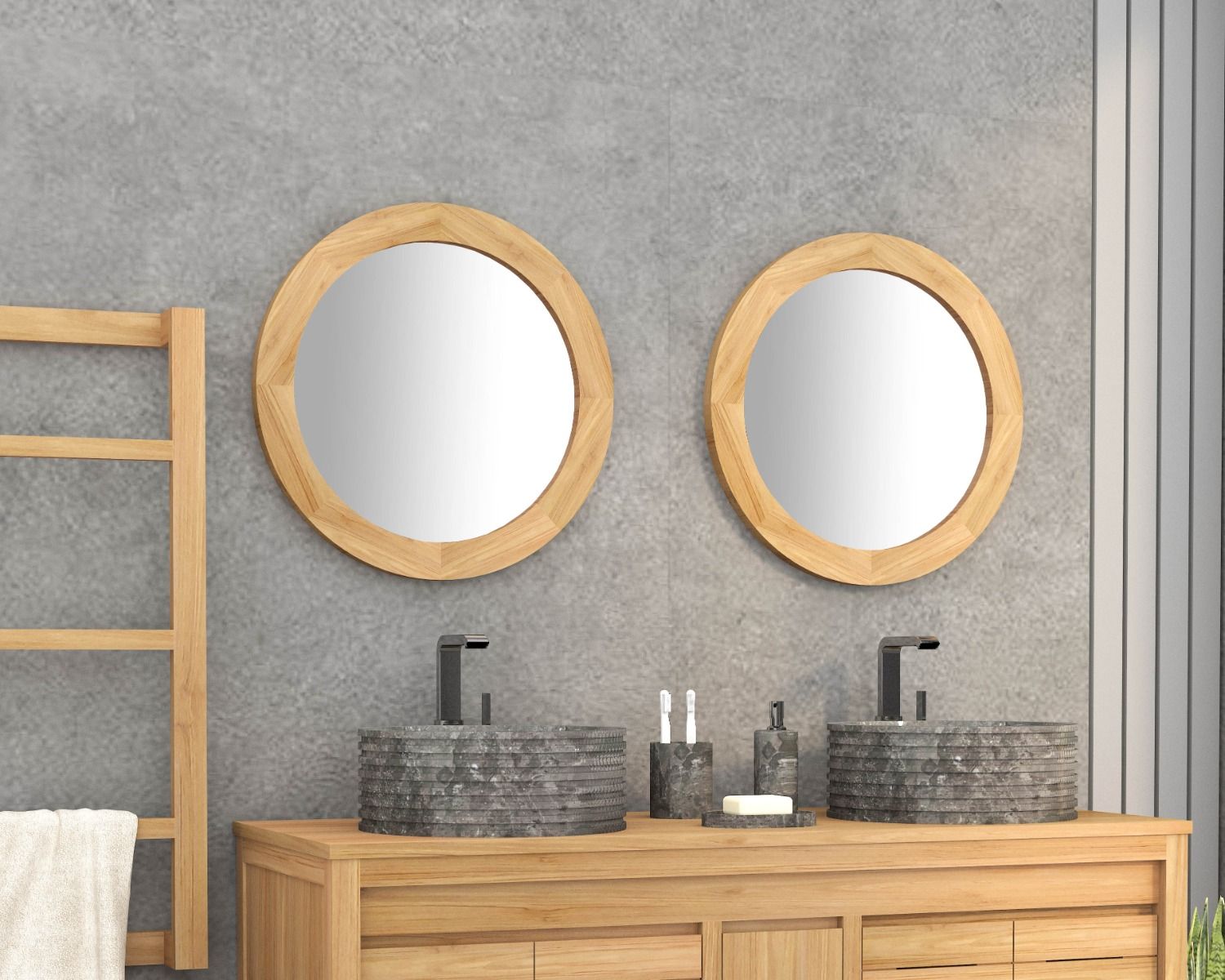 Miroir rond 60 cm de diamètre et cadre en teck