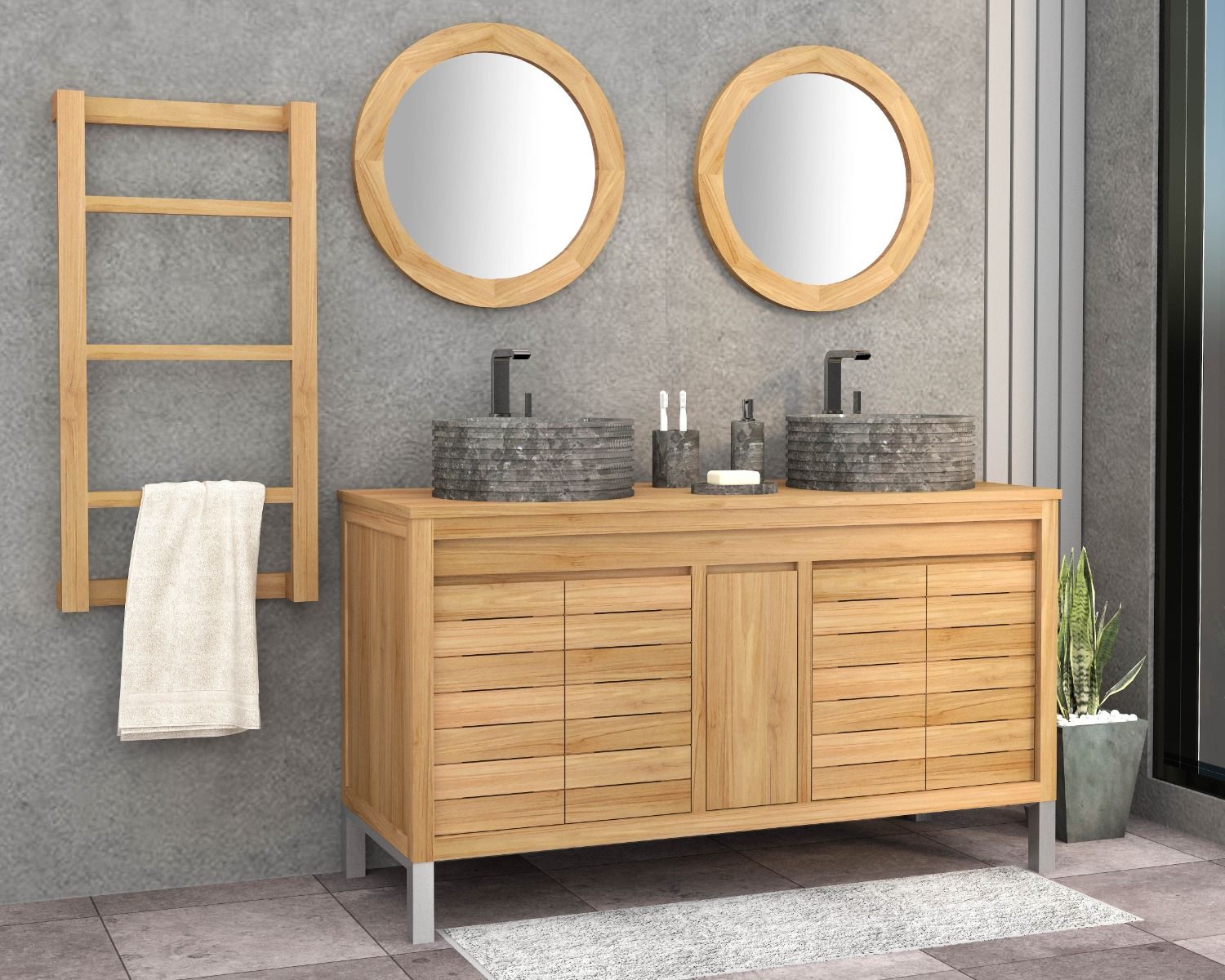 Miroir rond 60 cm de diamètre et cadre en teck