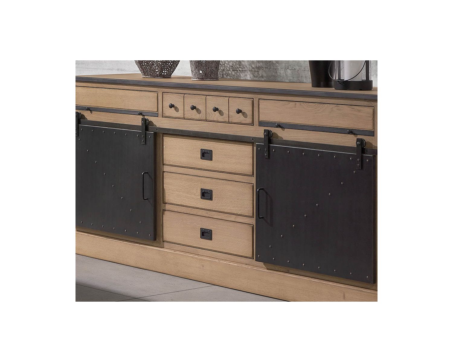 Grand buffet industriel en chêne massif et métal noir "San Francisco"