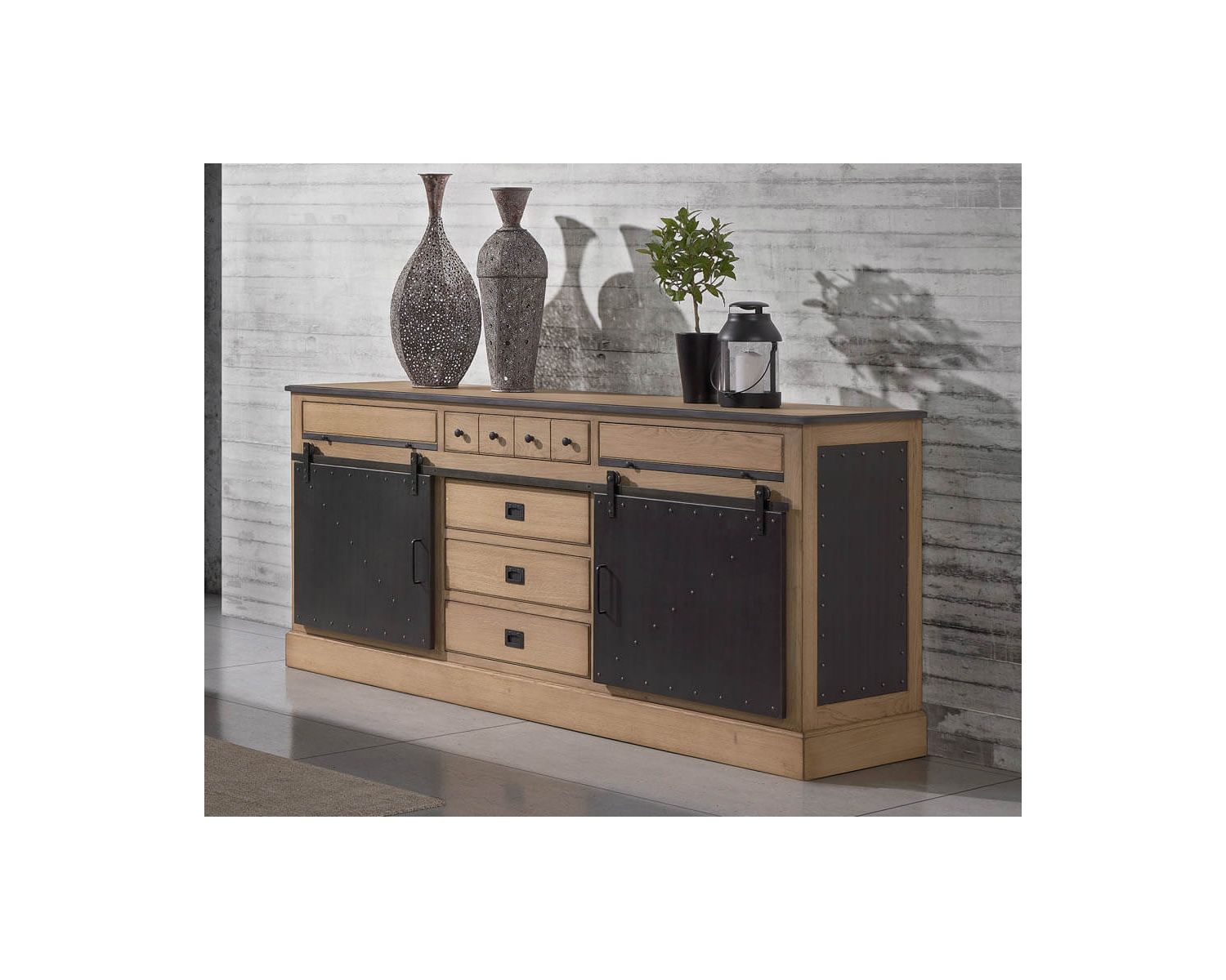 Grand buffet industriel en chêne massif et métal noir "San Francisco"