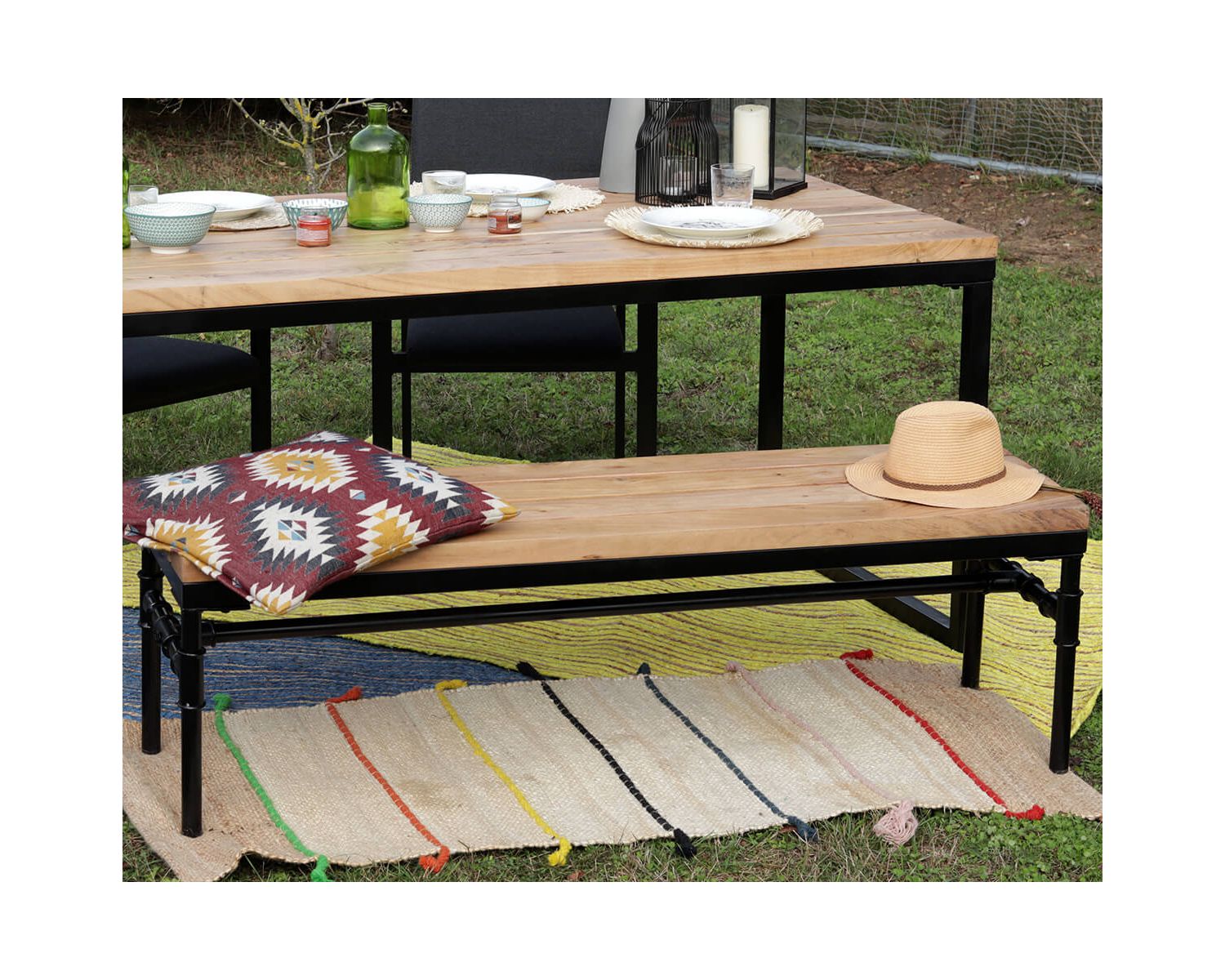 Banc industriel en bois d’acacia massif et métal "Garden"