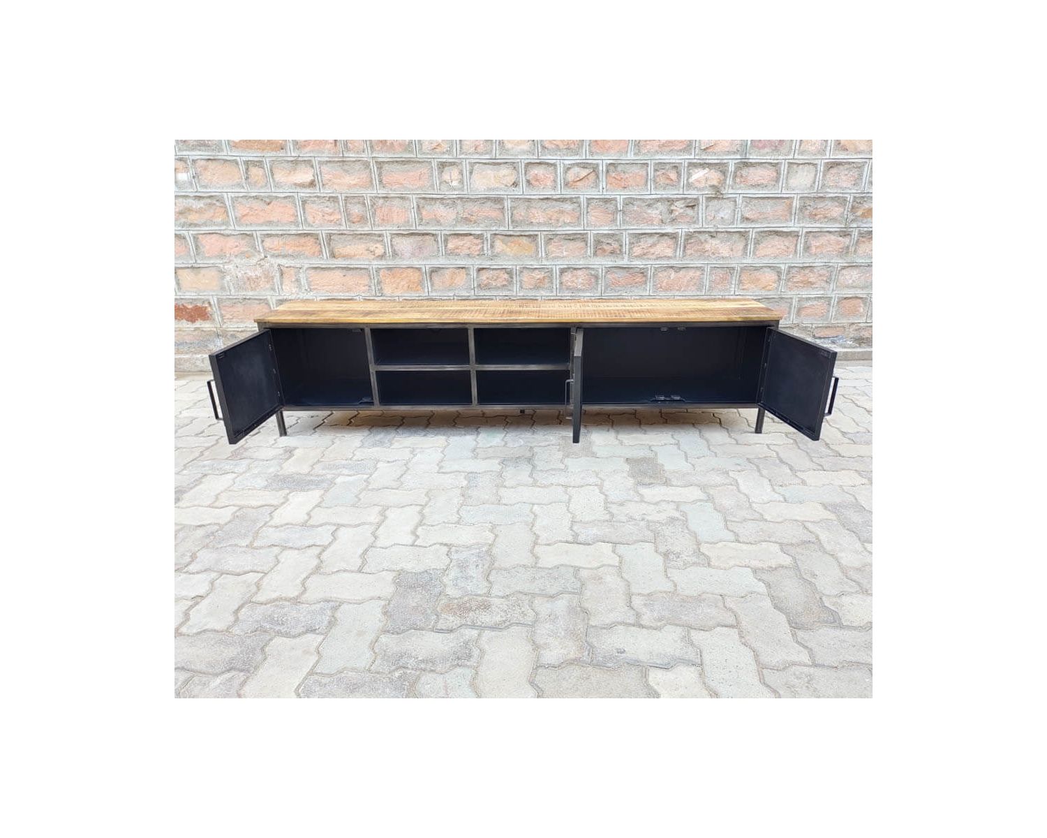 Meuble TV noir en métal et bois "Dowtoun" style atelier 220 cm