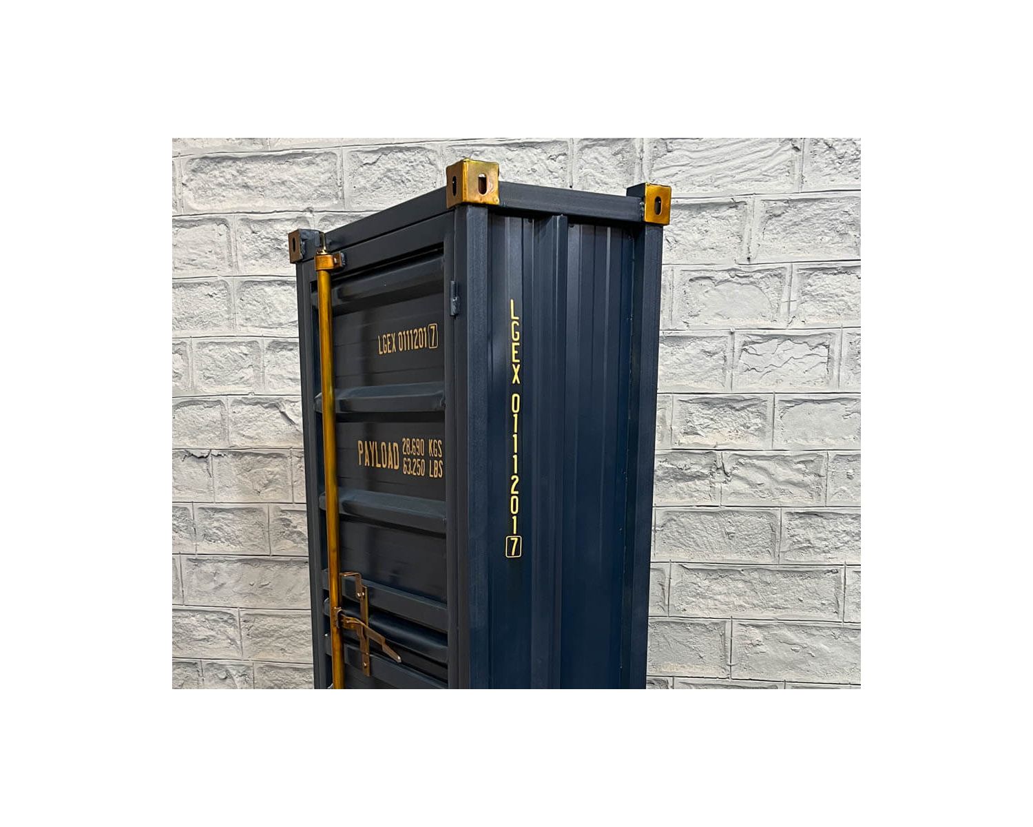 Meuble bar container esprit récup en métal bleu nuit et bois "Crazy" haut. 178cm