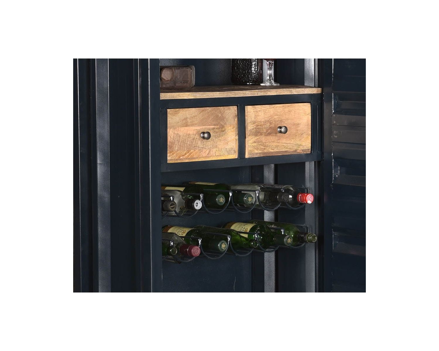 Meuble bar container esprit récup en métal bleu nuit et bois "Crazy" haut. 178cm