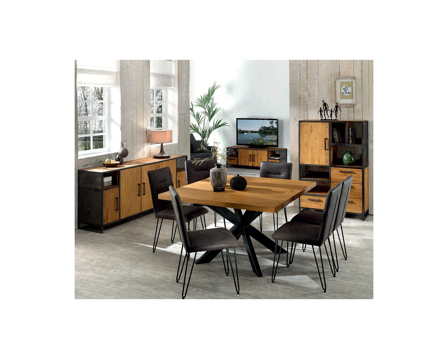 Meuble TV bas métal vieilli et teck recyclé style atelier "Athéna"