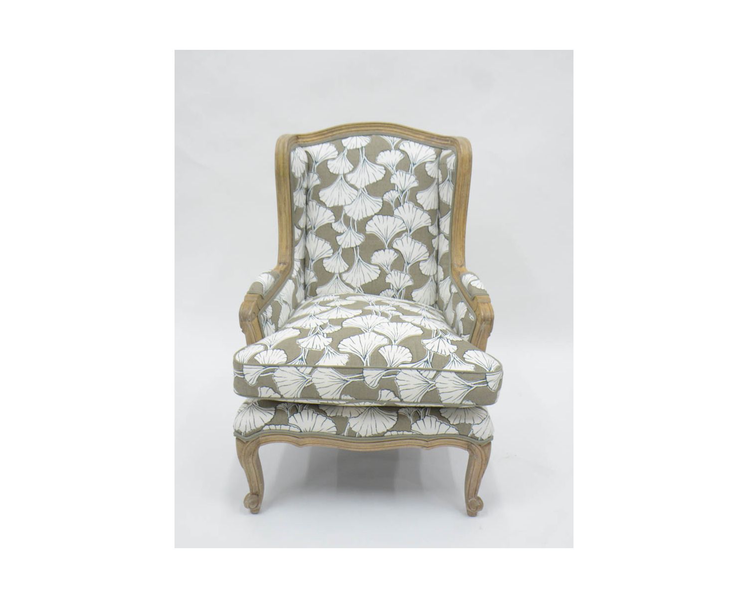 Fauteuil bergère imprimé ginko taupe et crème "Sofia" ultra confort