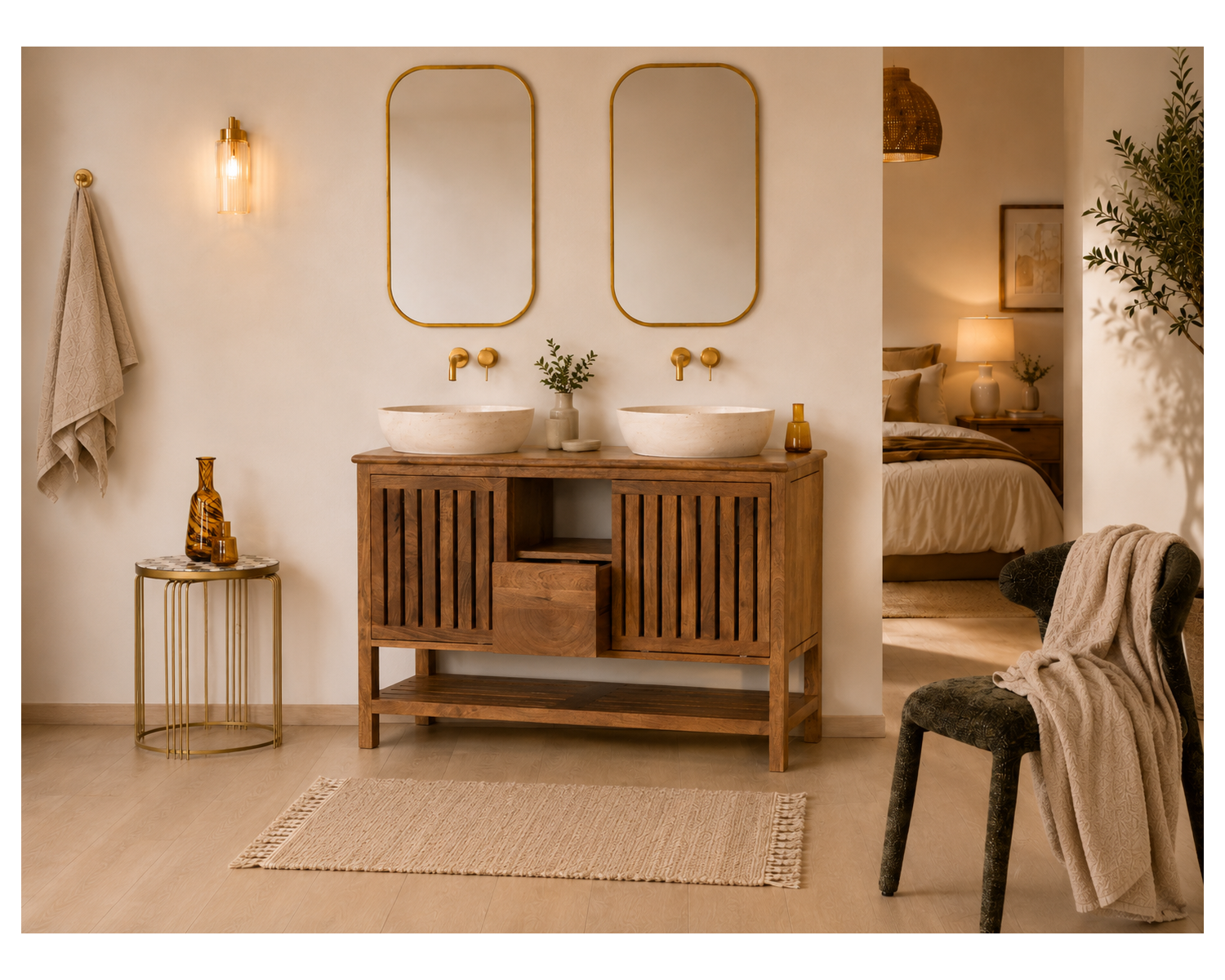 Meuble sous vasque 120 cm avec portes coulissantes "Bulle" en manguier teinte noyer