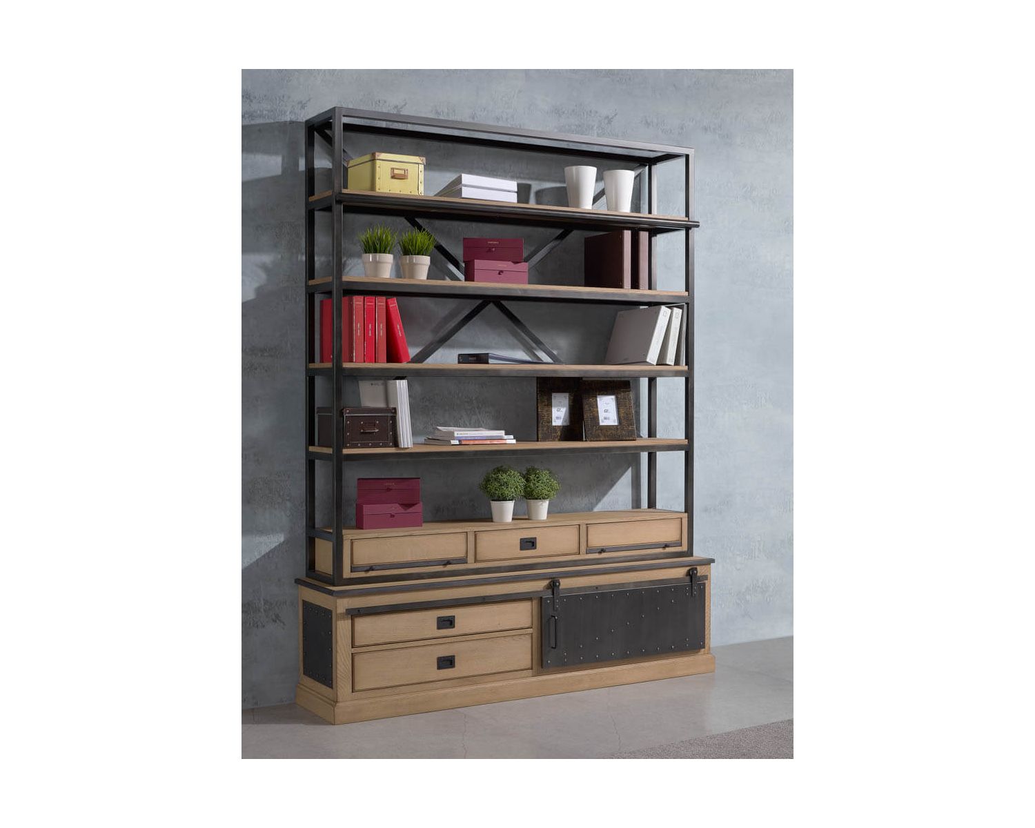 Grande bibliothèque indus’ métal et bois "San Francisco" avec échelle