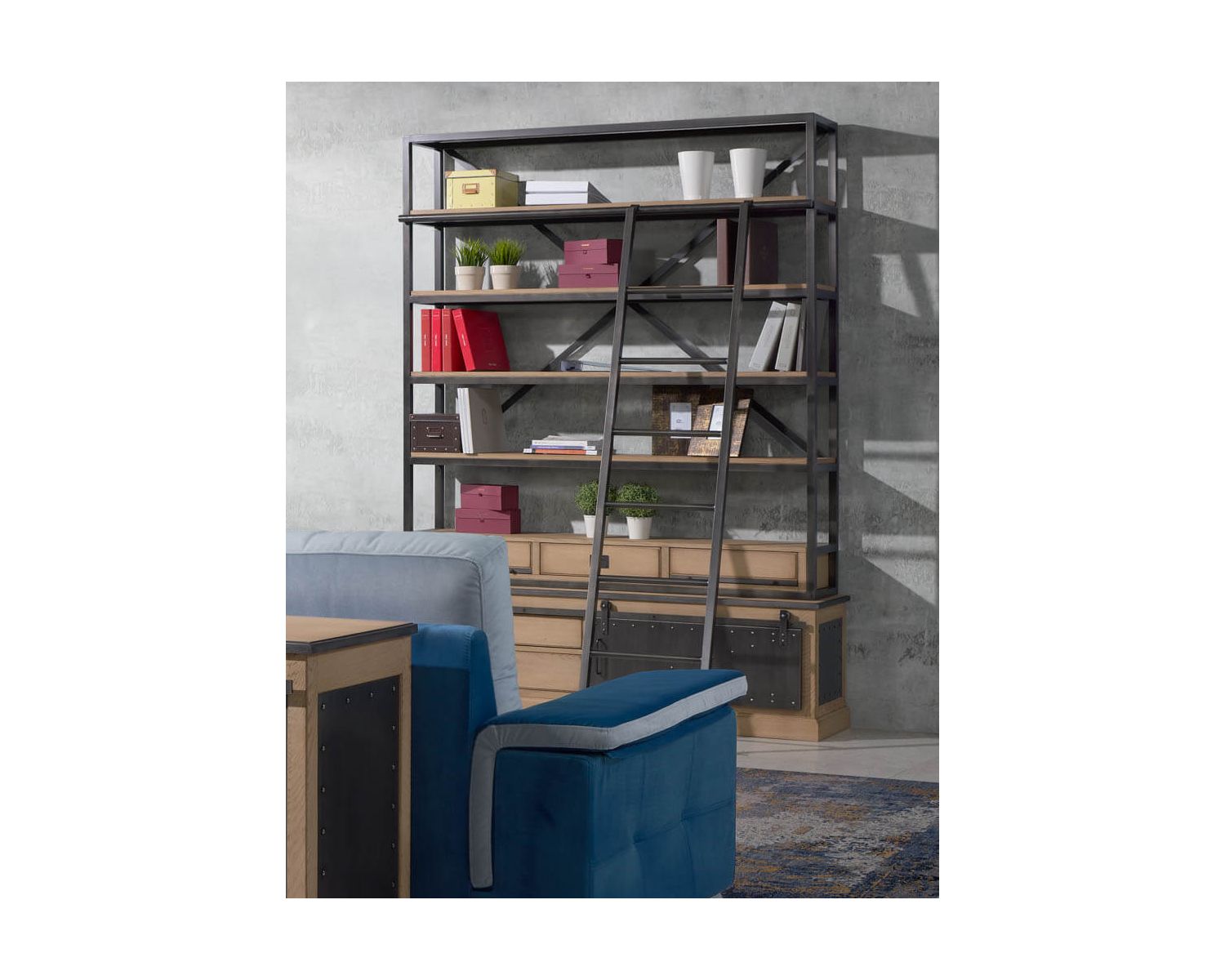 Grande bibliothèque indus’ métal et bois "San Francisco" avec échelle