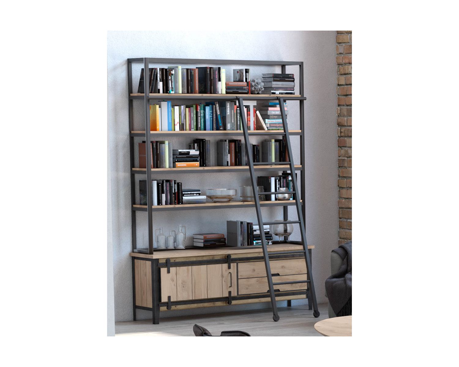 Bibliothèque indus' chic avec échelle en métal et chêne "Breeze"