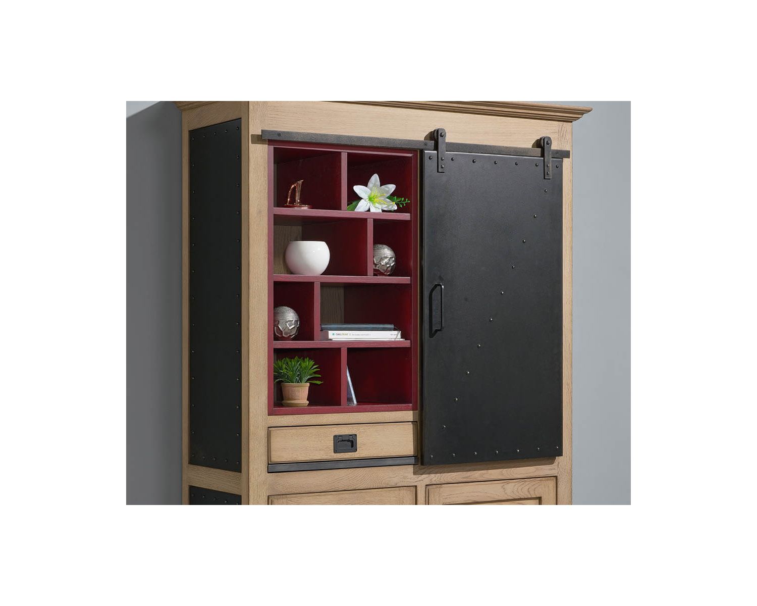 Bibliothèque "San Francisco" style factory métal, bois crème et rouge