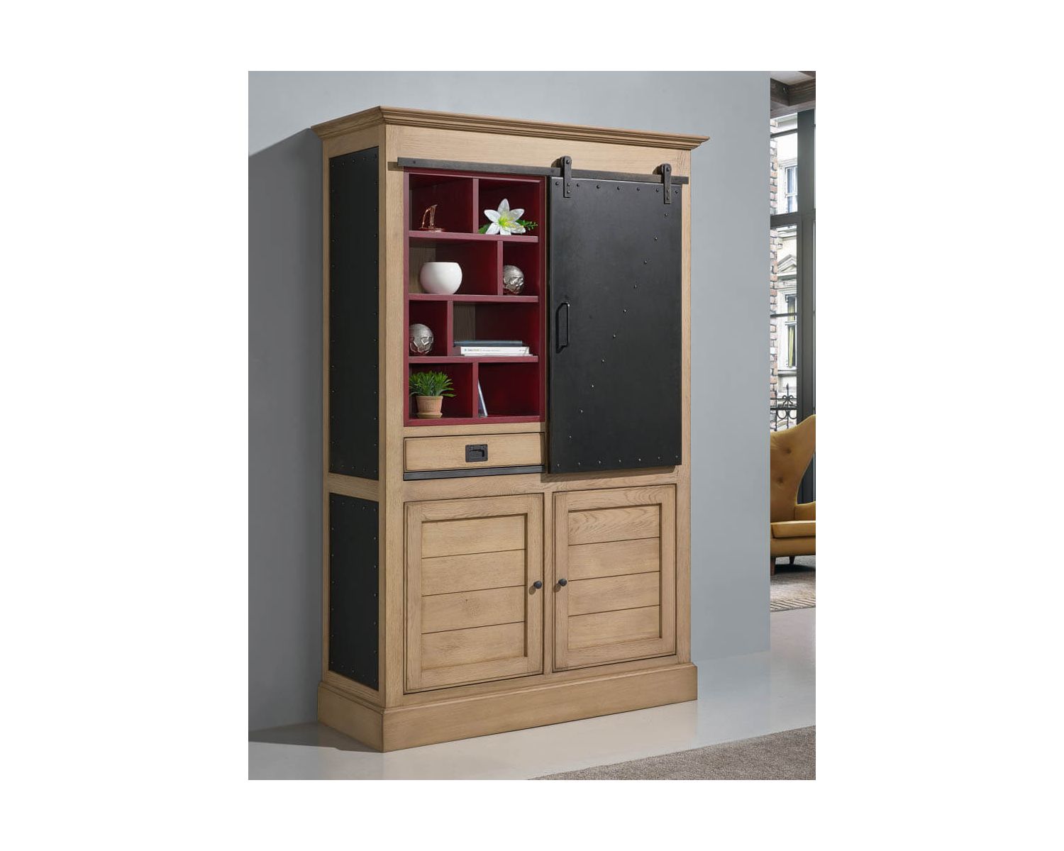 Bibliothèque "San Francisco" style factory métal, bois crème et rouge