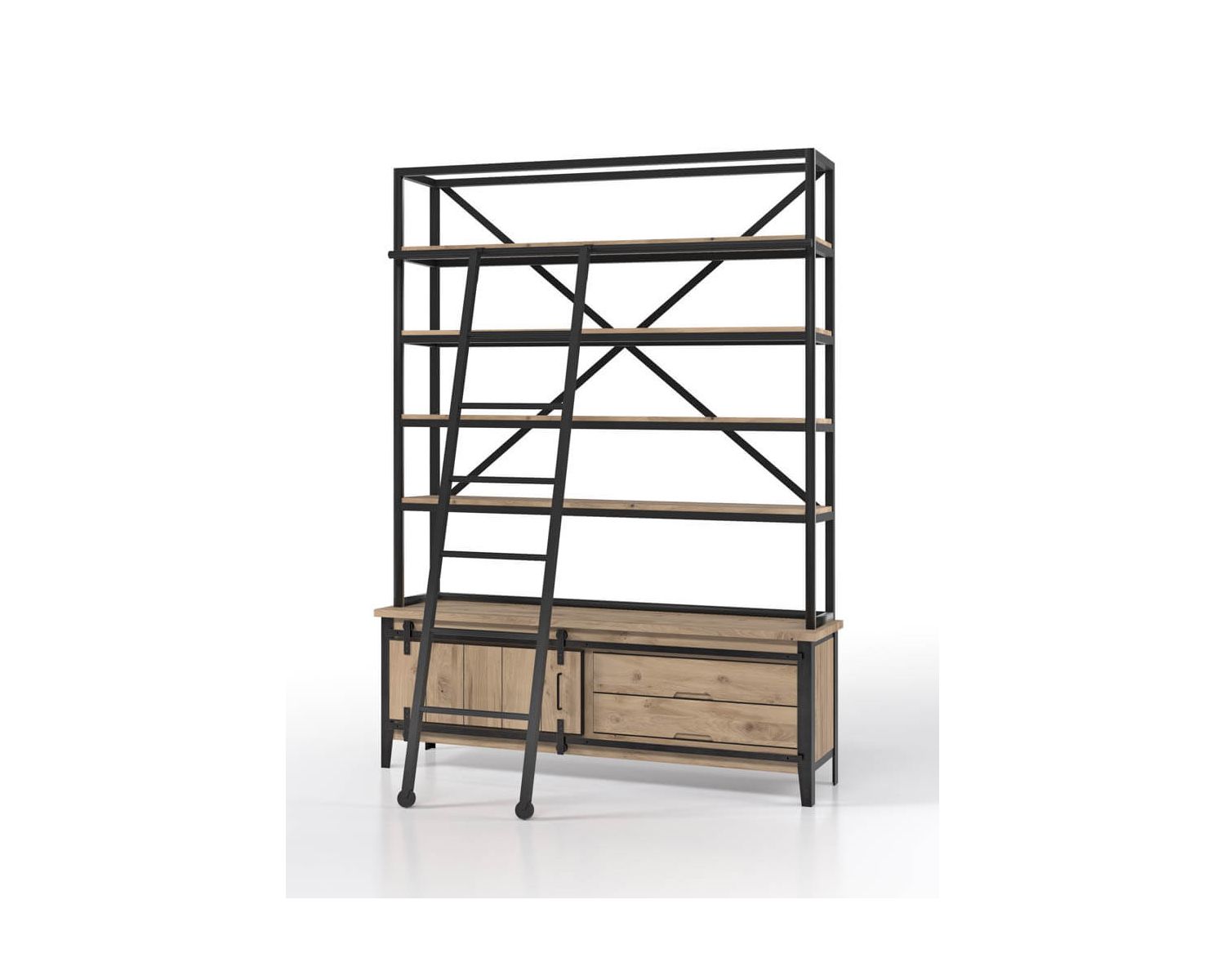 Bibliothèque indus' chic avec échelle en métal et chêne "Breeze"