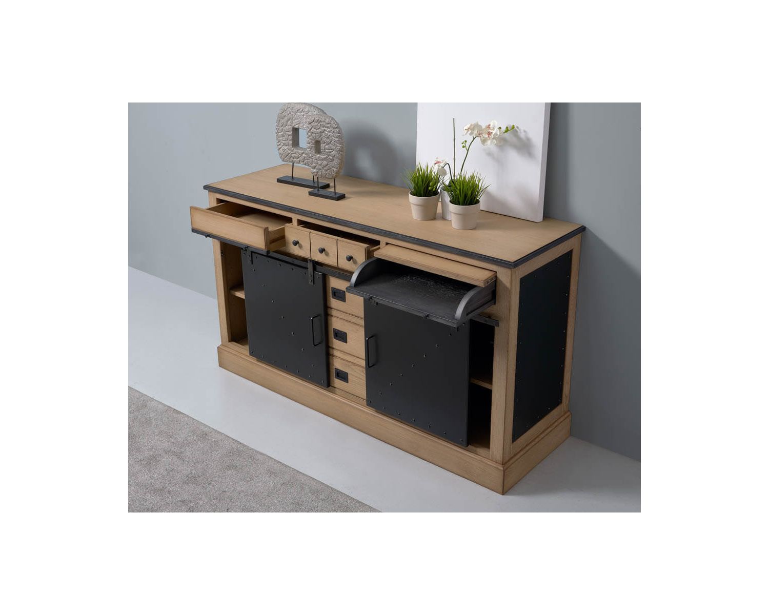 Buffet style industriel chêne massif et métal brossé "San Francisco"