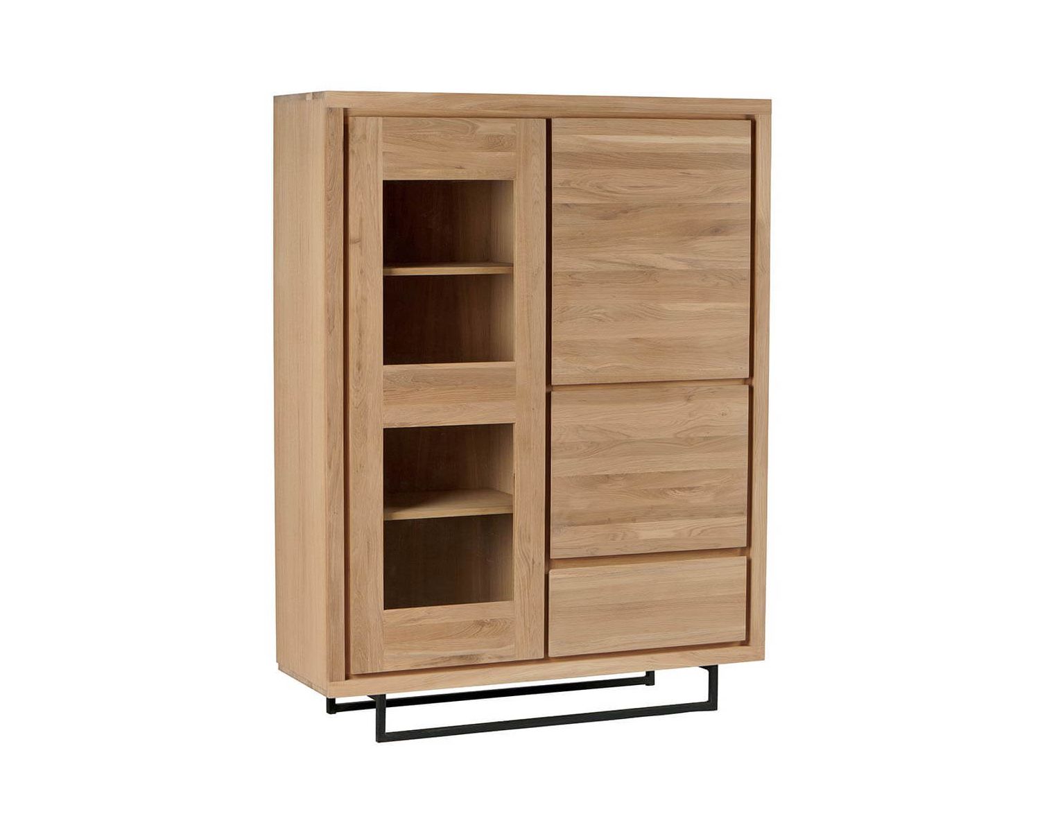 Buffet haut en chêne massif naturel métal noir et verre « Ripley »