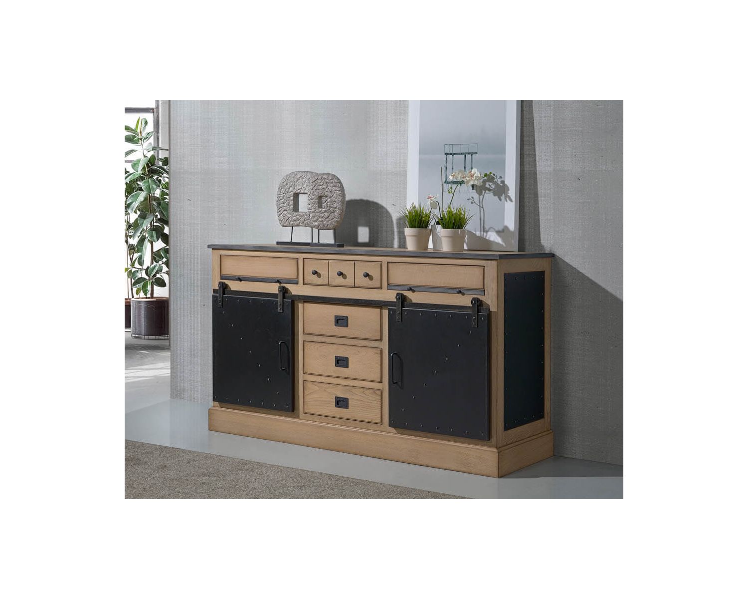 Buffet style industriel chêne massif et métal brossé "San Francisco"