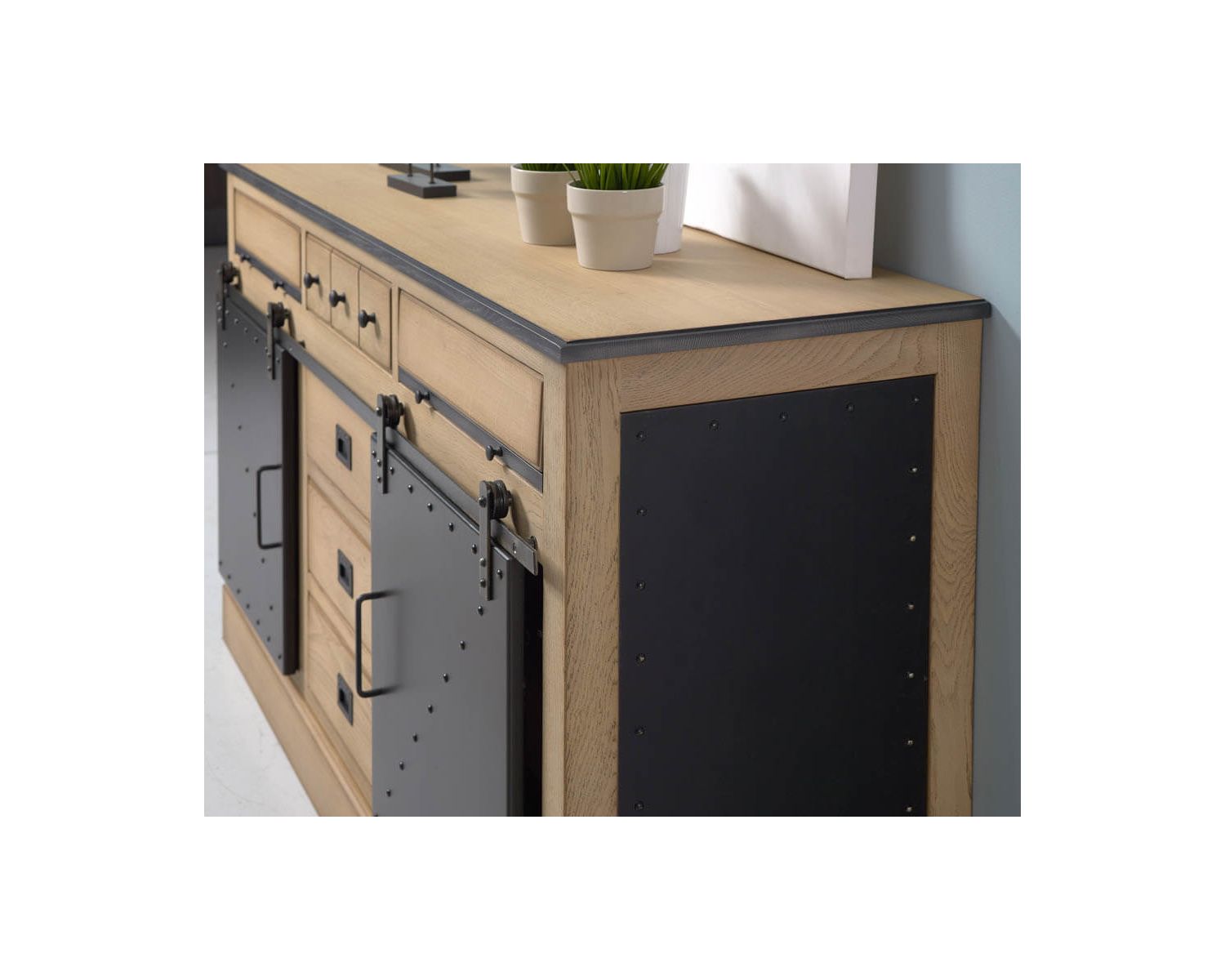 Buffet style industriel chêne massif et métal brossé "San Francisco"