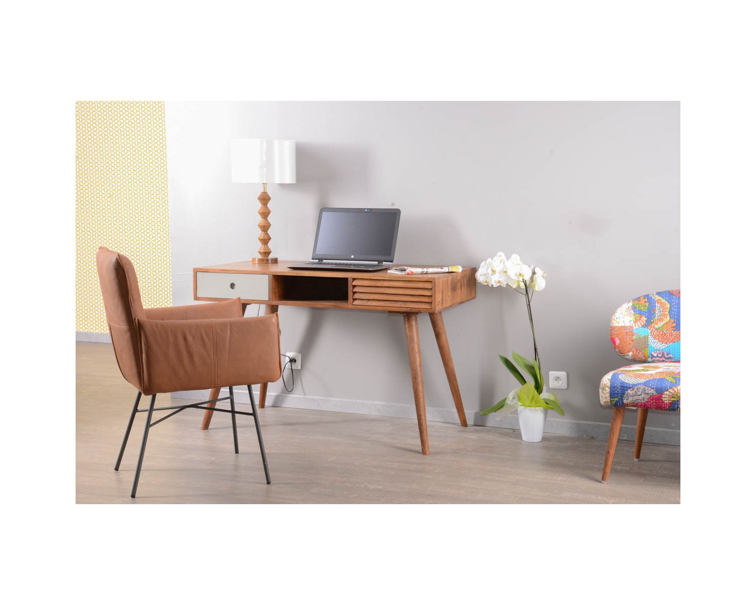 Bureau vintage en palissandre tiroirs gris et bois "Vintage grey"