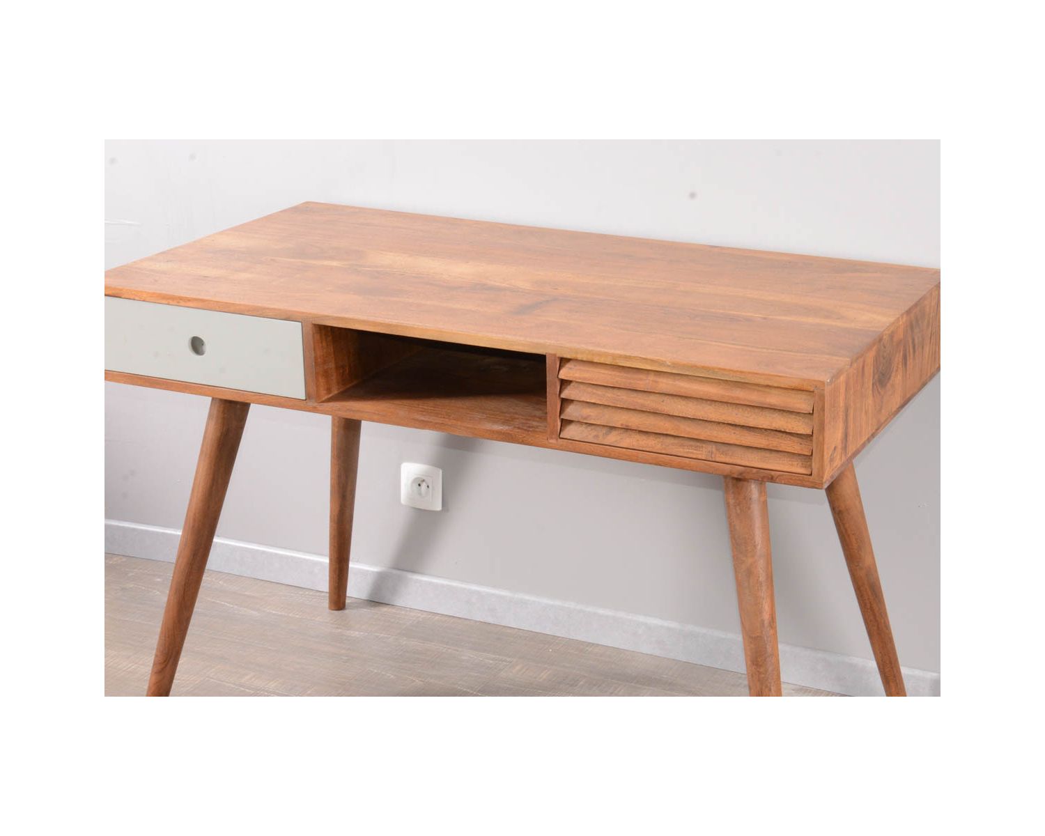 Bureau vintage en palissandre tiroirs gris et bois "Vintage grey"