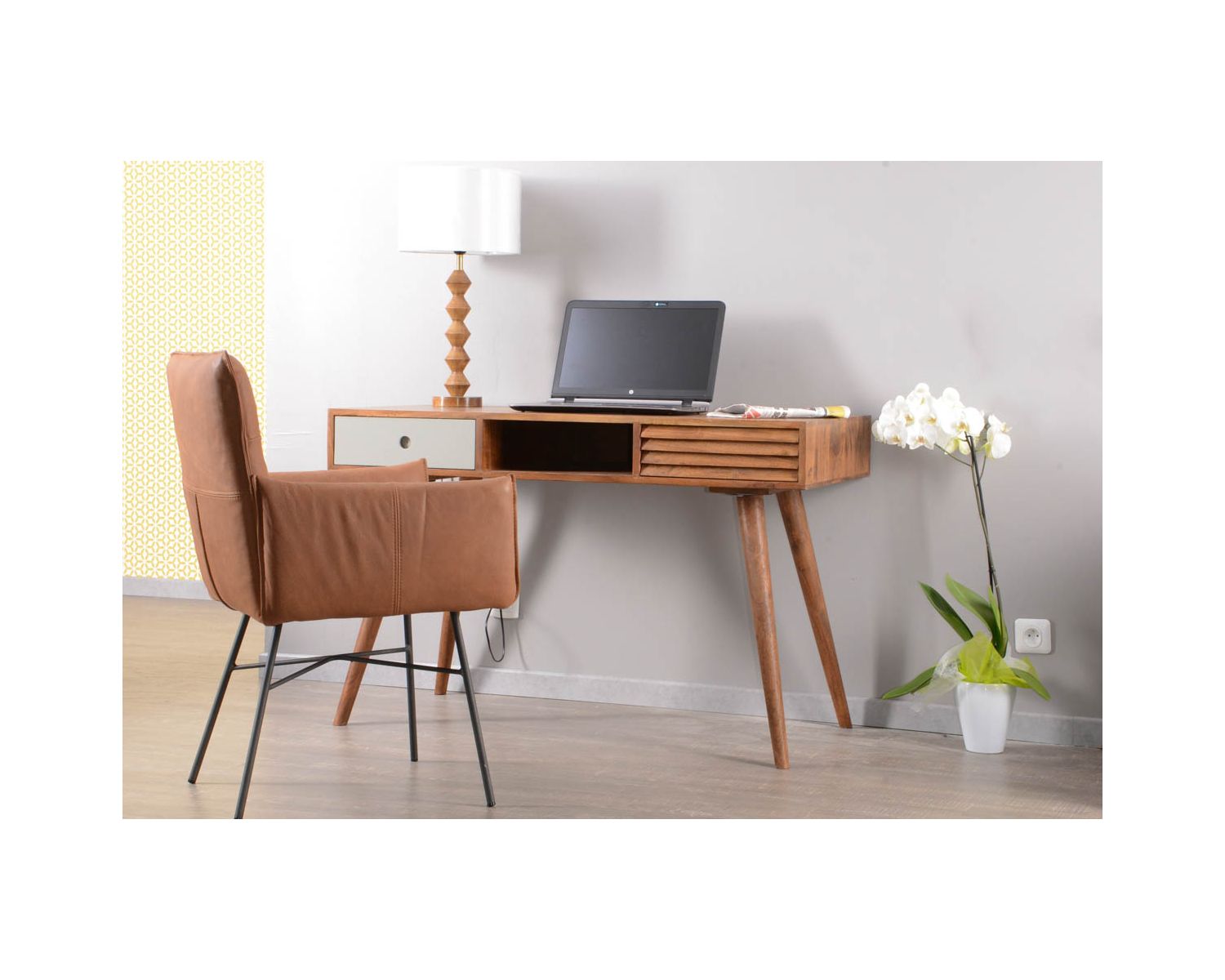 Bureau vintage en palissandre tiroirs gris et bois "Vintage grey"