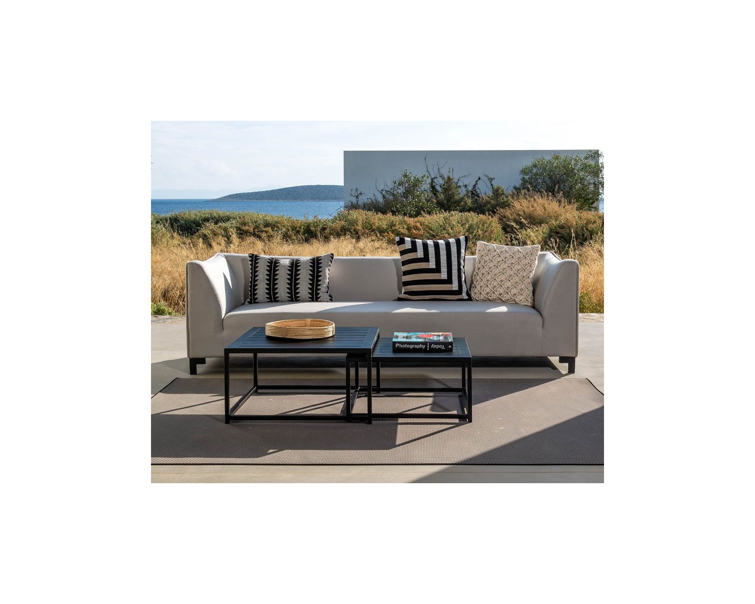 Salon de jardin cosy 3 pièces en tissu gris clair Sunbrella "Andaman Island"