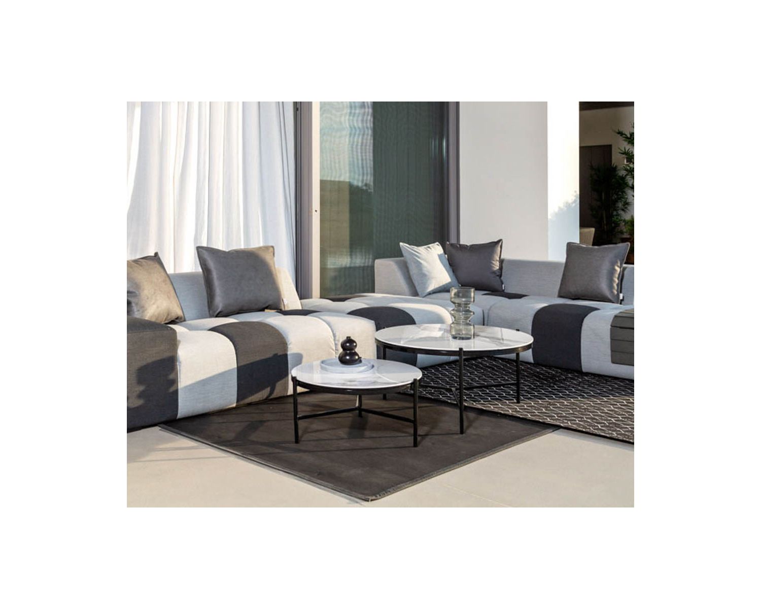 Pouf ottoman carré tissu Sunbrella gris bi-teinte "Lazy Beach"