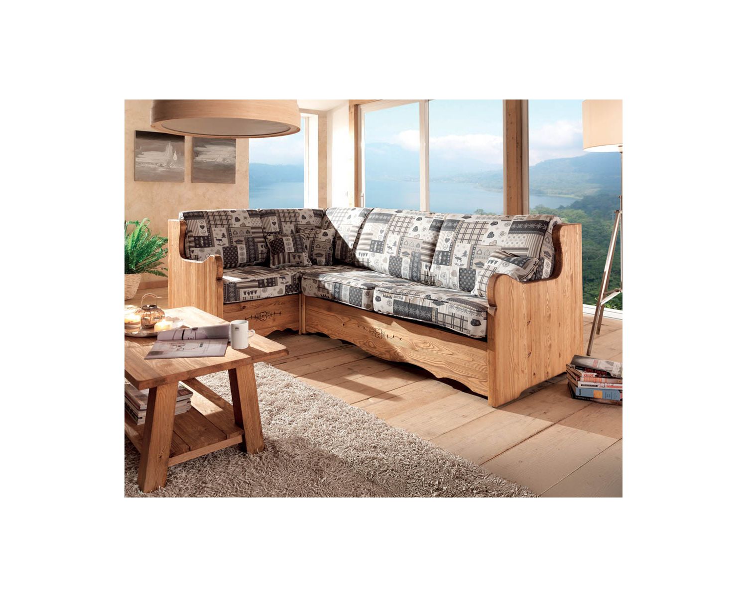 Grand salon d'angle style montagnard en pin et tissu au choix "Alaska" convertible