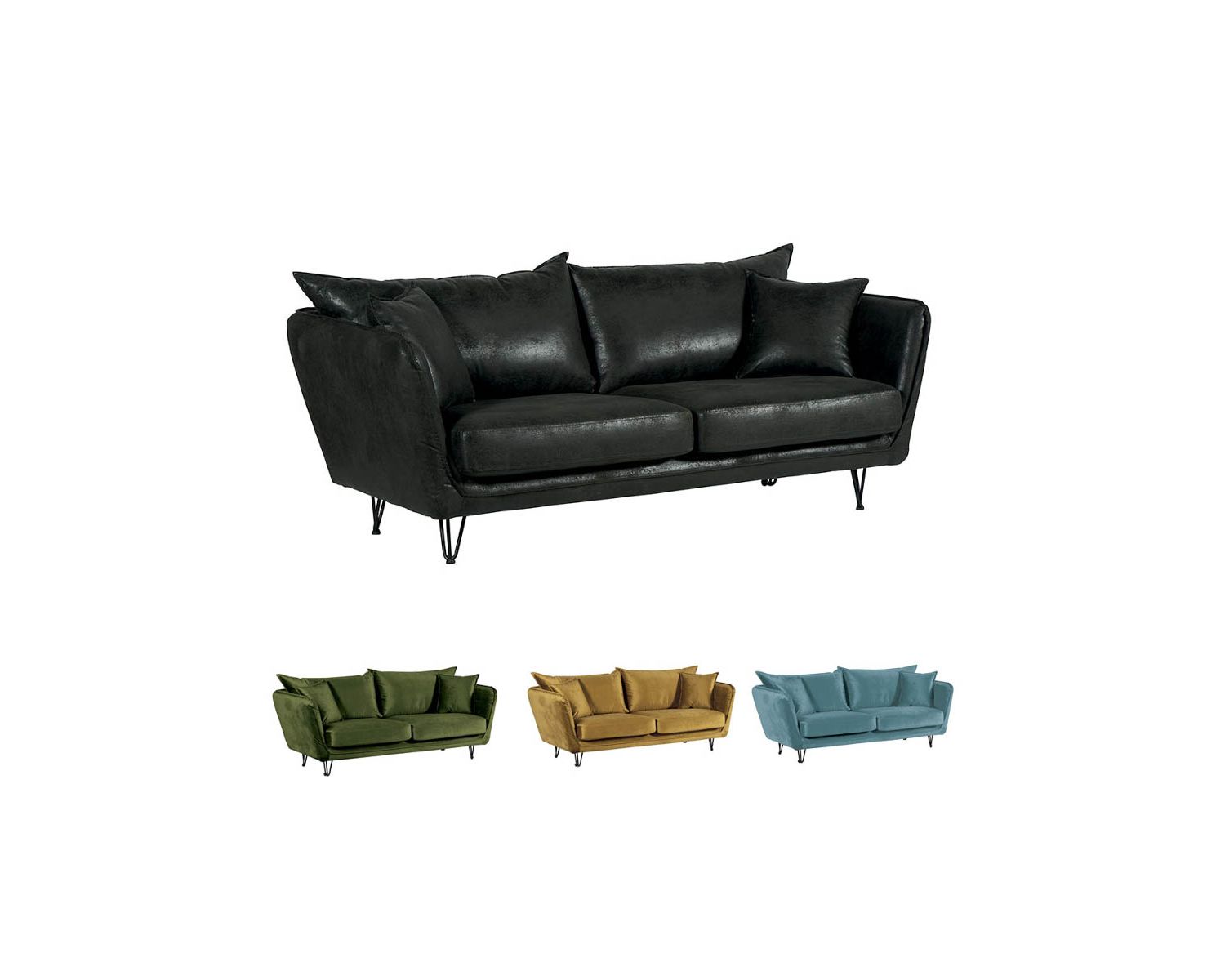 Canapé vintage gris foncé 3 places avec pieds métal "Hasting"